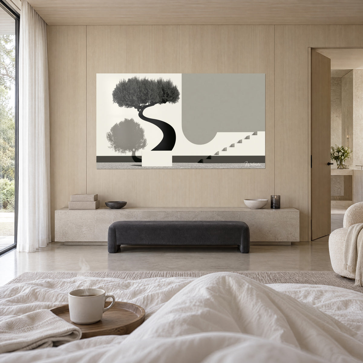 Tableau silhouette d'olivier noir sur fond crème, arche grise et escalier géométrique, accroché au-dessus d'un lit dans une chambre claire