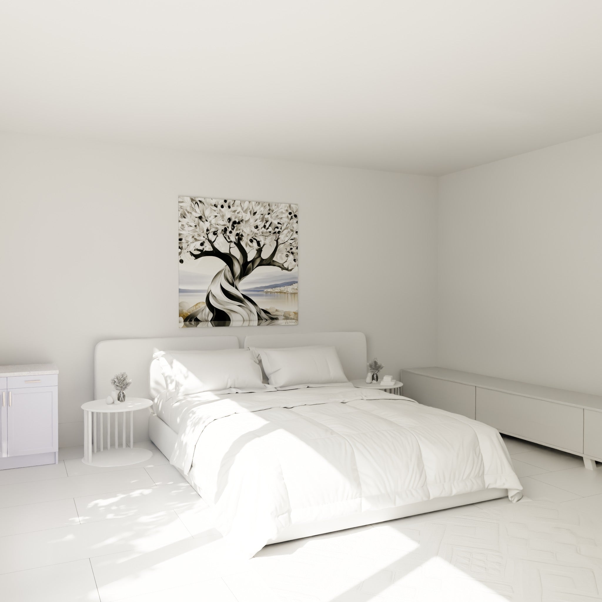 Arbre sinueux en noir et blanc avec olives sombres, au-dessus d'un lit dans une chambre claire