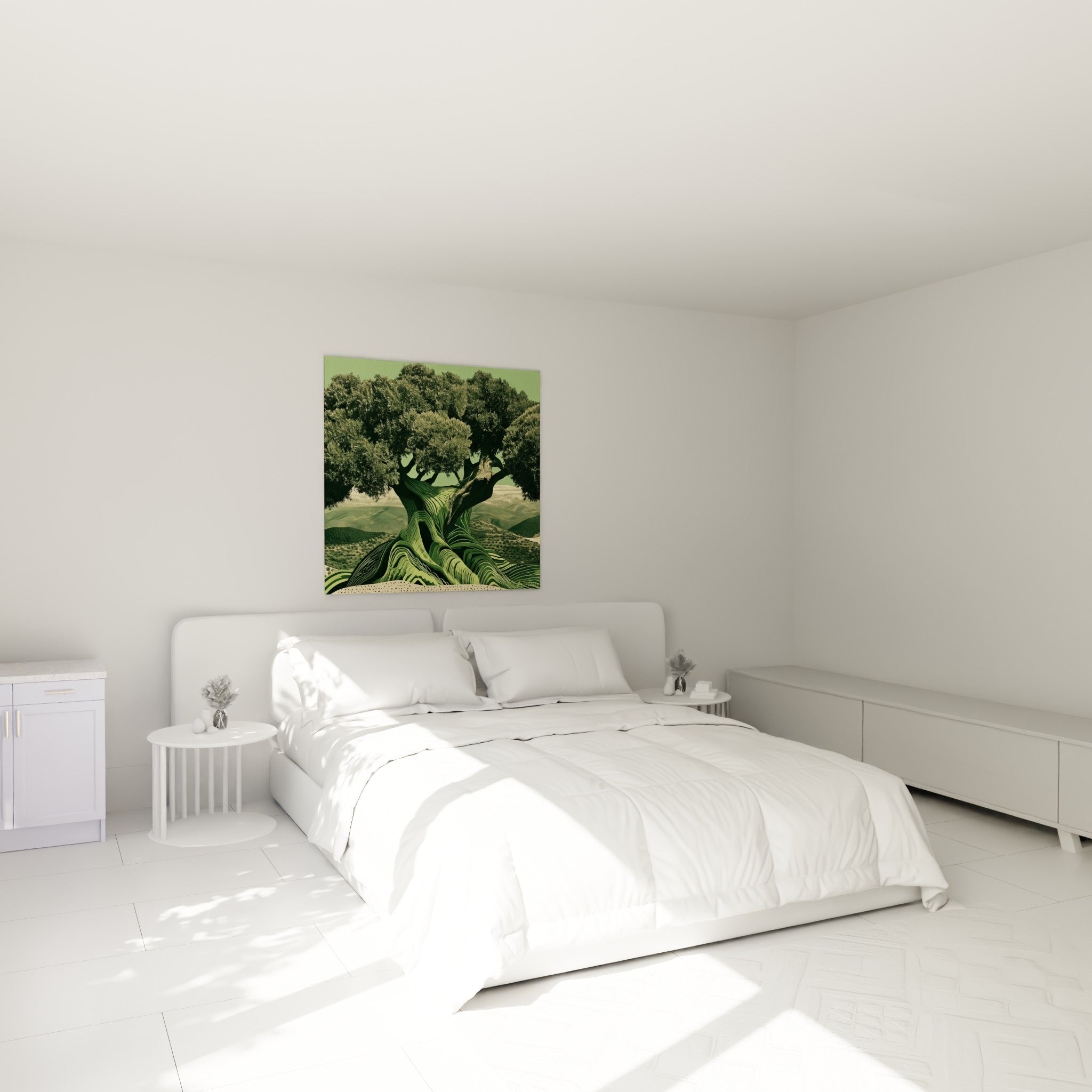 Arbre millénaire vert et sable dressé au-dessus d'un lit dans une chambre claire