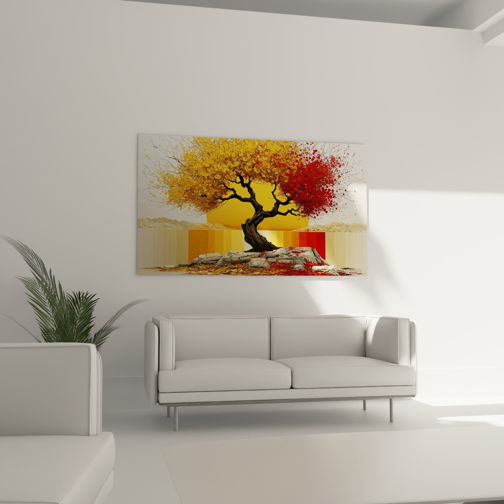Silhouette d'Olivier ocre et écarlate posée au-dessus d'un canapé dans un salon lumineux