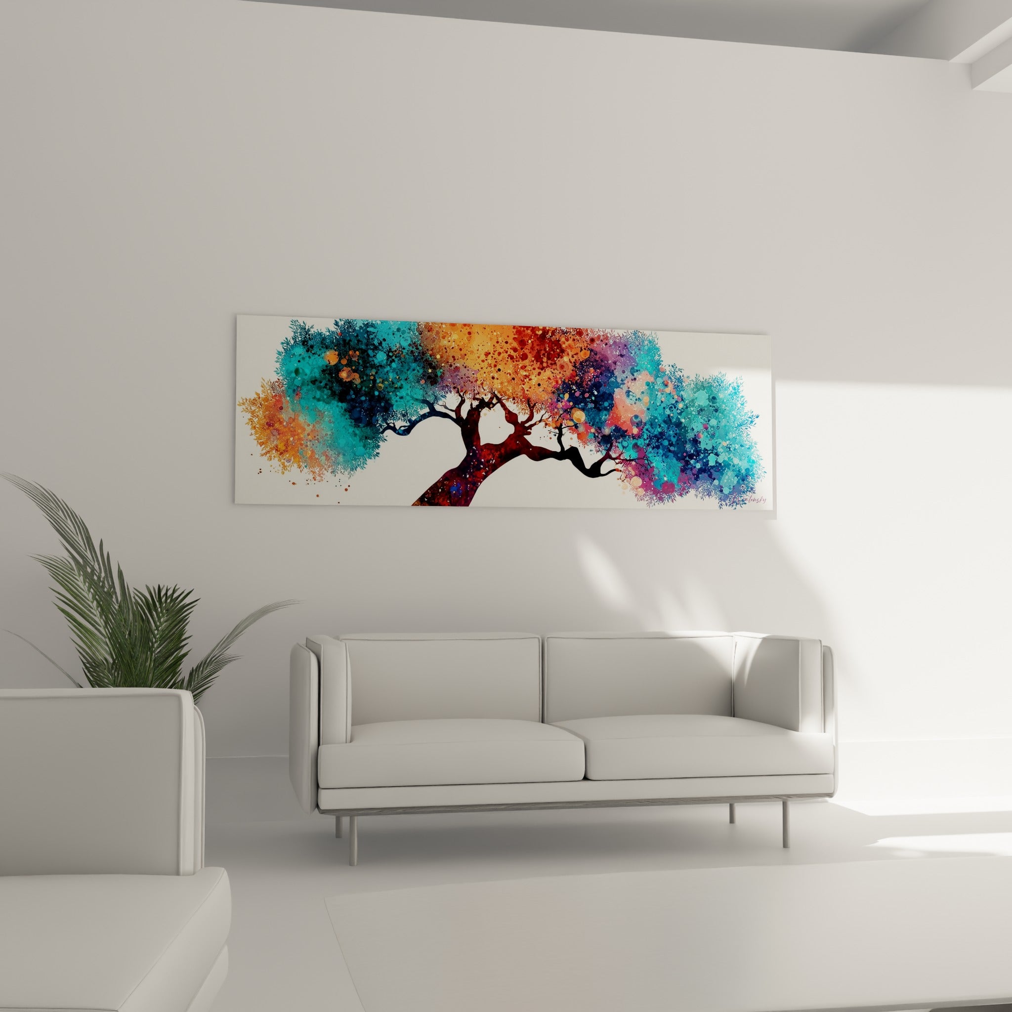 Arbre bicolore bleu et corail aux branches sombres suspendu au-dessus d'un canapé dans un salon lumineux