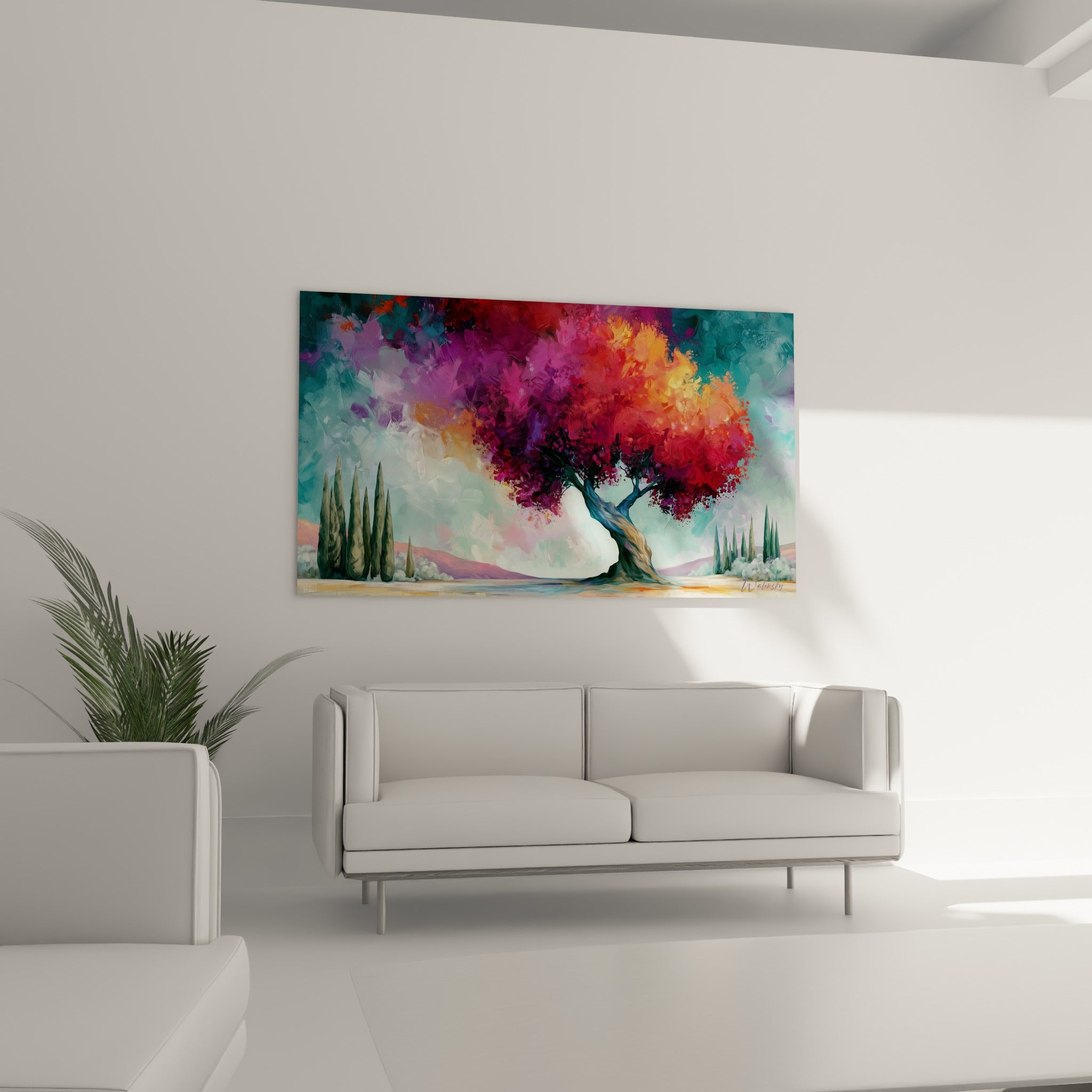 Feuillage flamboyant rose et orangé d'un olivier stylisé, au-dessus d'un canapé dans un salon lumineux