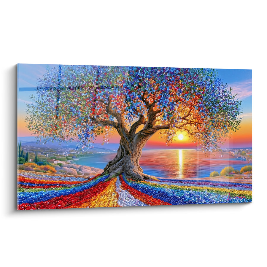 Tableau Olivier au tronc brun et racines multicolores mosaïquées - Soleil sur baie côtière - Edition Olivier