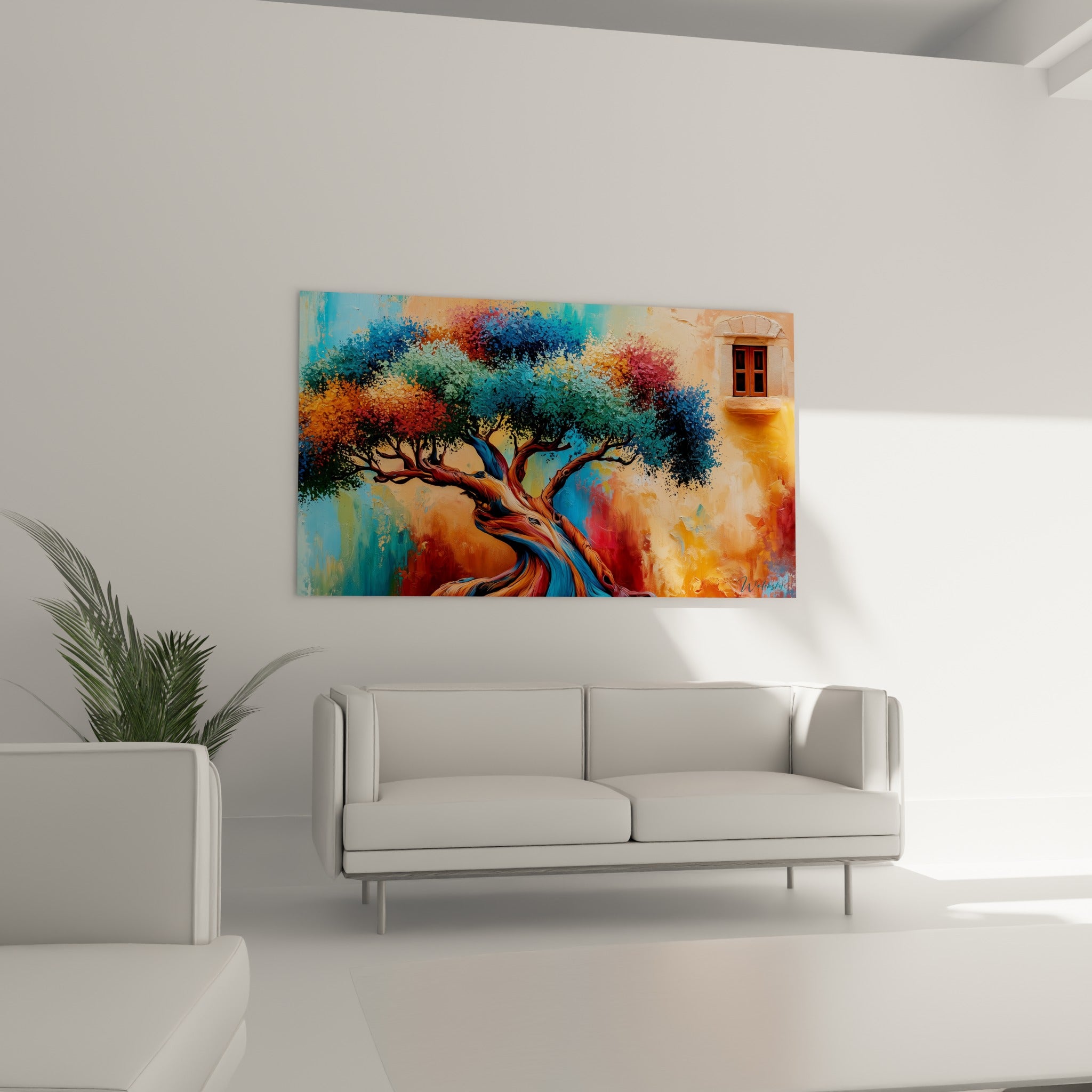 Feuillage vibrant en ocre et turquoise d'un olivier peint, au-dessus d'un canapé dans un salon lumineux