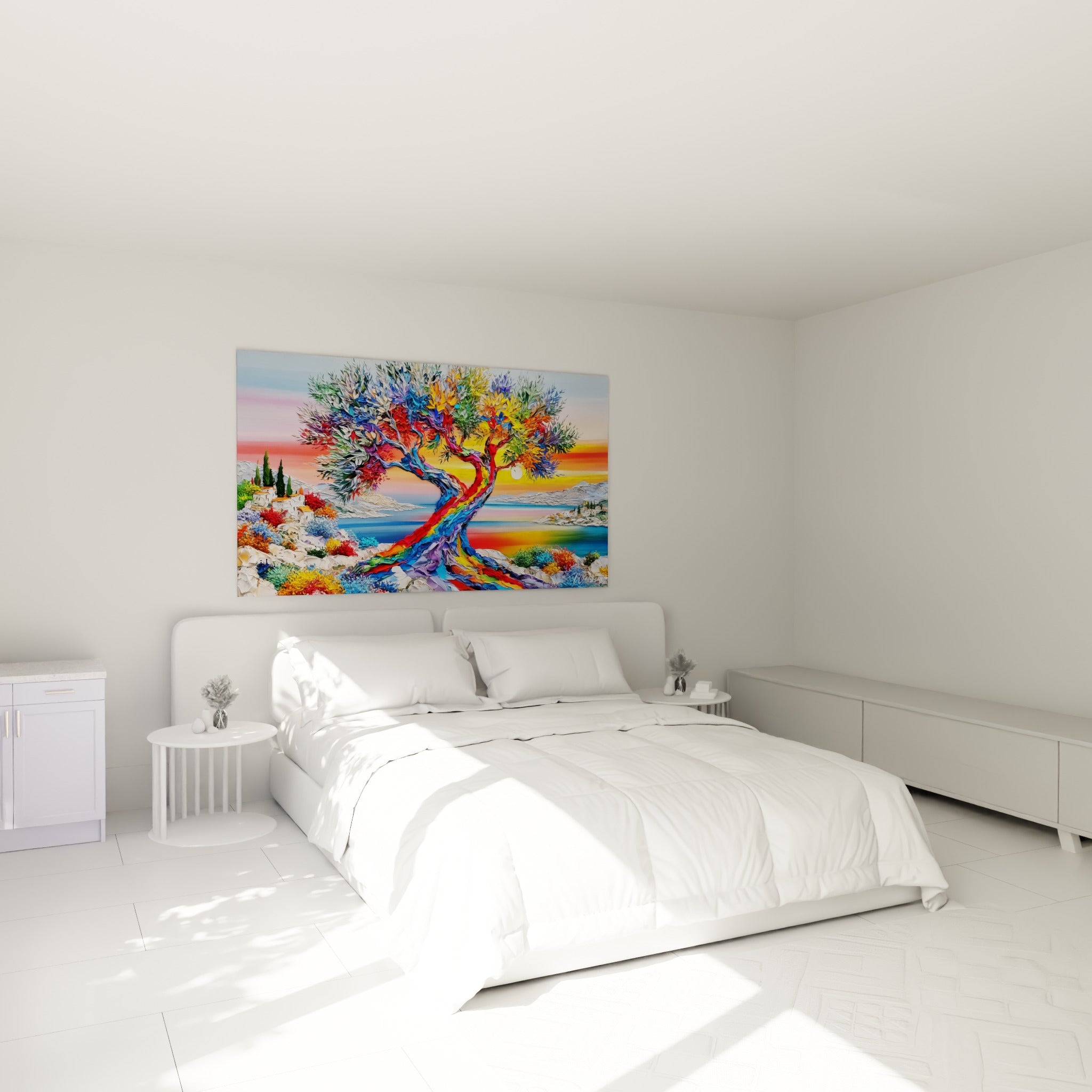 Branches dorées et vertes d'un olivier coloré accrochées au-dessus d'un lit dans une chambre claire