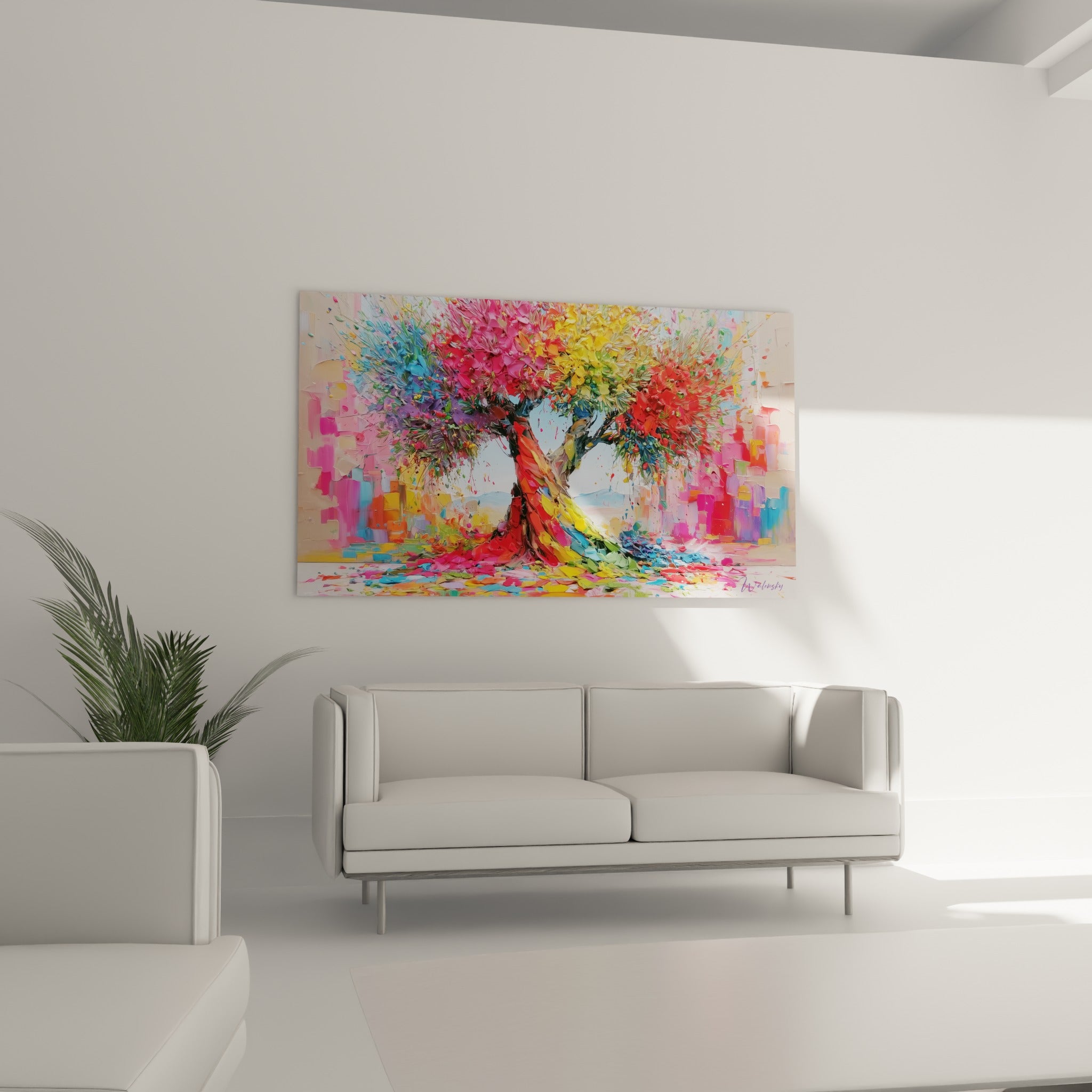 Arbre stylisé aux teintes fuchsia et dorées au-dessus d'un canapé dans un salon lumineux