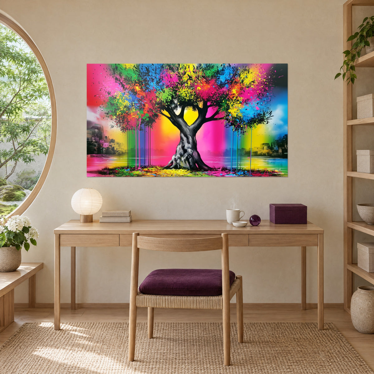 Cuadro olivo pop art con cielos amarillos y magenta, reflejos turquesa en el agua, colgado sobre un escritorio de madera clara