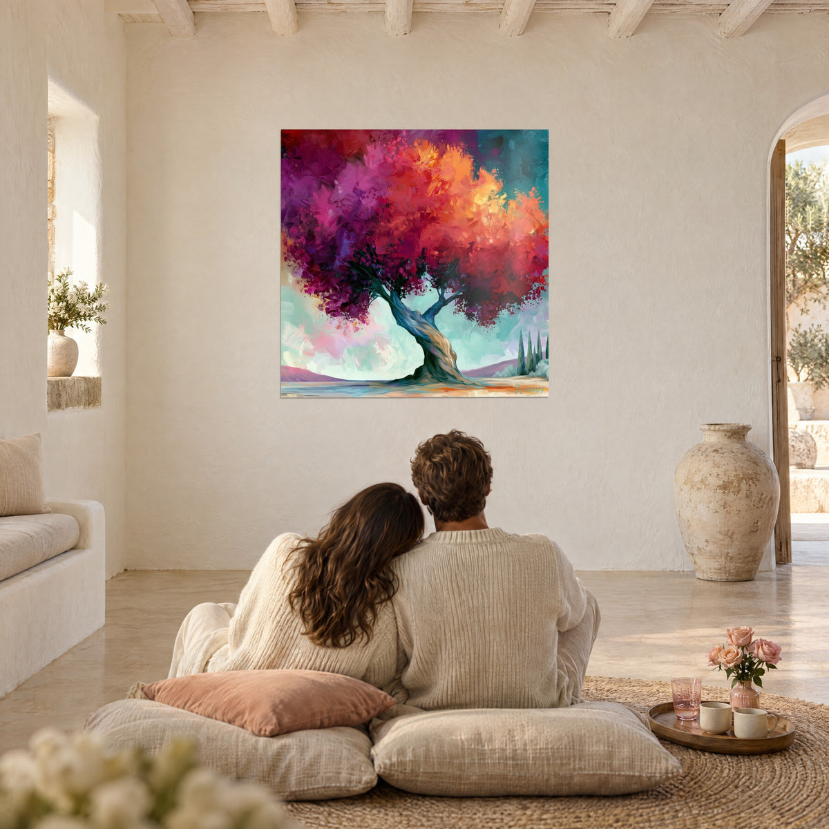 Schilderij vlammende olijfboom met violette en koraalkleurige penseelstreken, koppel van achteren zittend op beige kussens in een gewelfde woonkamer