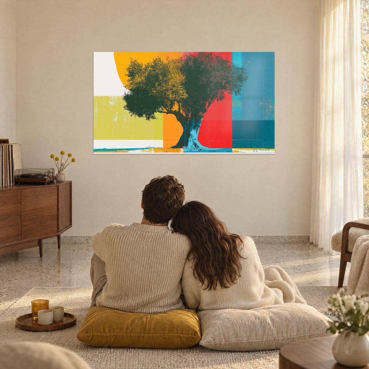Wall art tree in coloured blocks, saffron yellow sun, coral red and blue, couple seen from behind embracing while seated on cushions in a living room