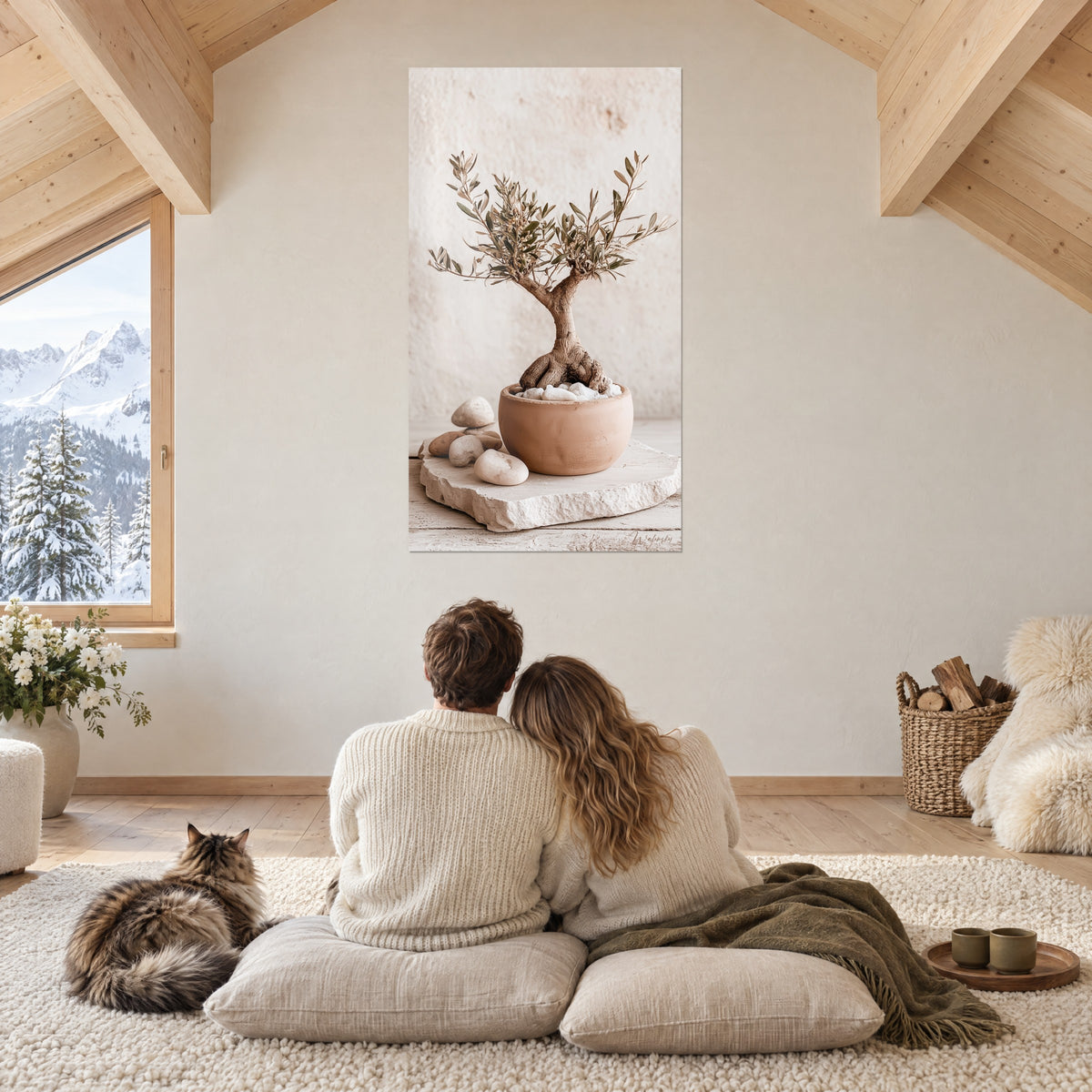 Tableau bonsaï d'olivier brun et crème, pot en terre cuite, couple de dos sur coussins avec un Maine Coon dans un chalet