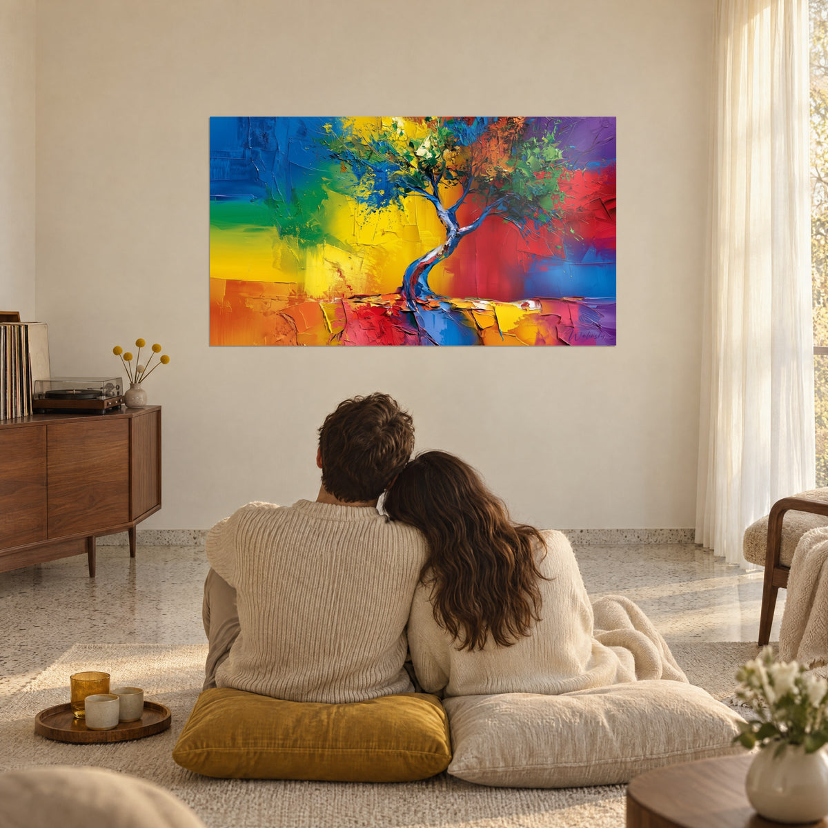 Quadro rami blu e foglie verdi su sfondo viola, giallo e rosso, coppia abbracciata di spalle, soggiorno con grande vetrata