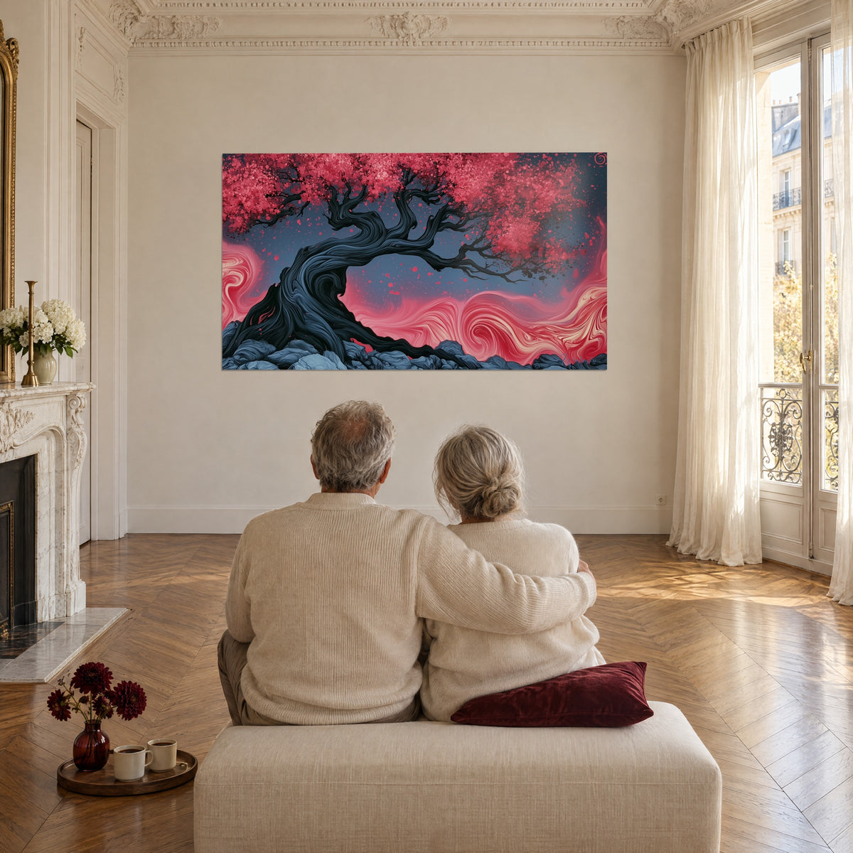 Gemälde ehrwürdiger Baum mit karminroten Blüten und blauschwarzer Rinde, Meer aus rosafarbenen Spiralen, betrachtet von einem älteren Paar, das mit dem Rücken zum Bild sitzt
