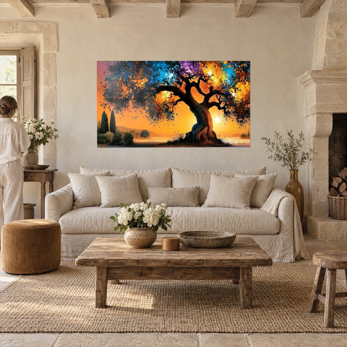 Gemälde Olivenbaum hundertjährig mit blau-orangefarbenem Laub, schwarzer verdrehter Stamm vor goldenem Himmel, über einem Sofa in einem hellen Wohnzimmer
