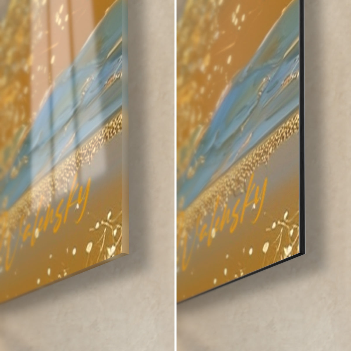Gemälde goldener Olivenbaum auf blassblauem Grund, untere rechte Ecke: glänzendes Acrylglas links, mattschwarzes Alu-Dibond rechts, 3 mm Kante