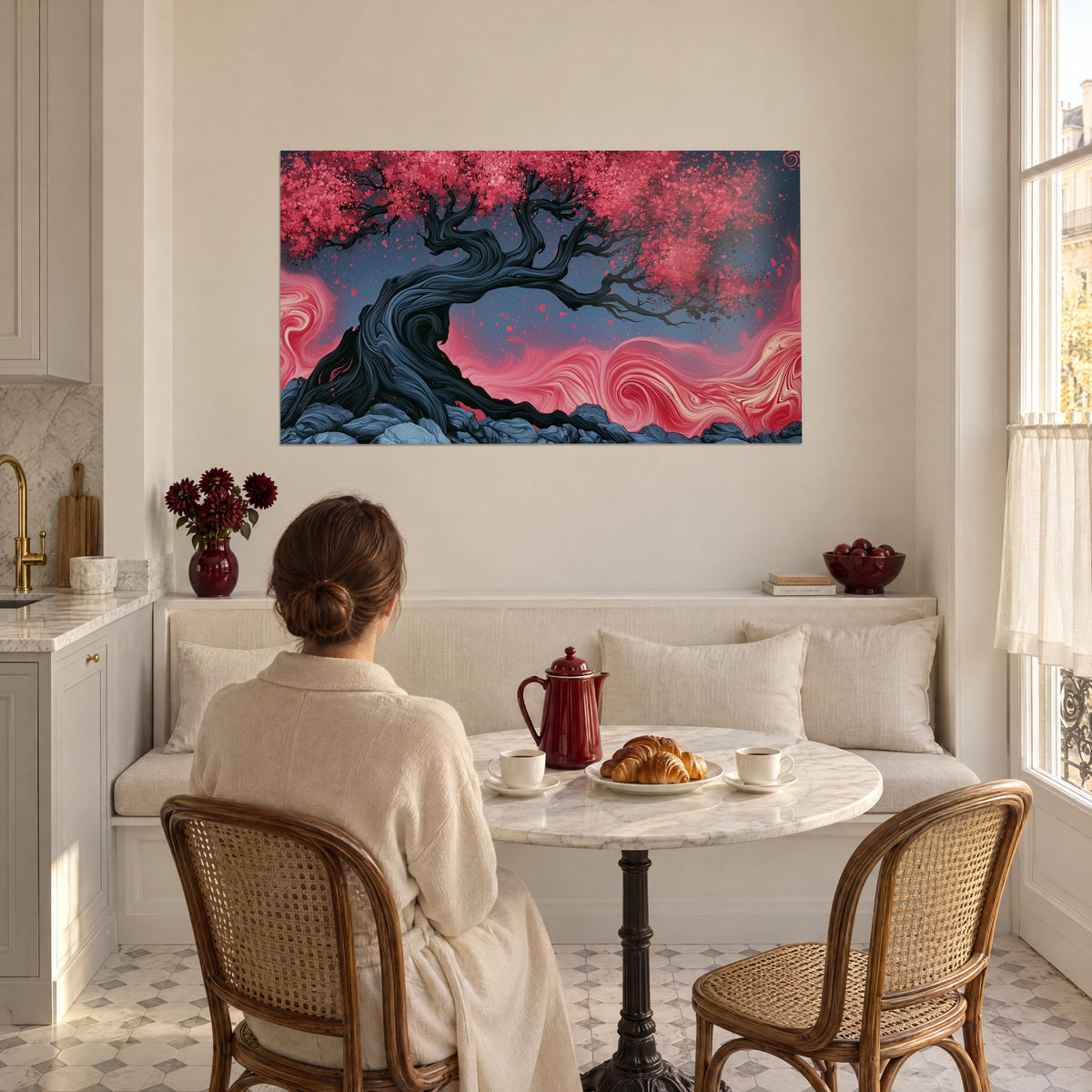 Gemälde dunkle Olivenbaum-Silhouette mit scharlachrotem Geäst, rosafarbene und elfenbeinfarbene Voluten, gegenüber einer Frau am Tisch in einer Küche