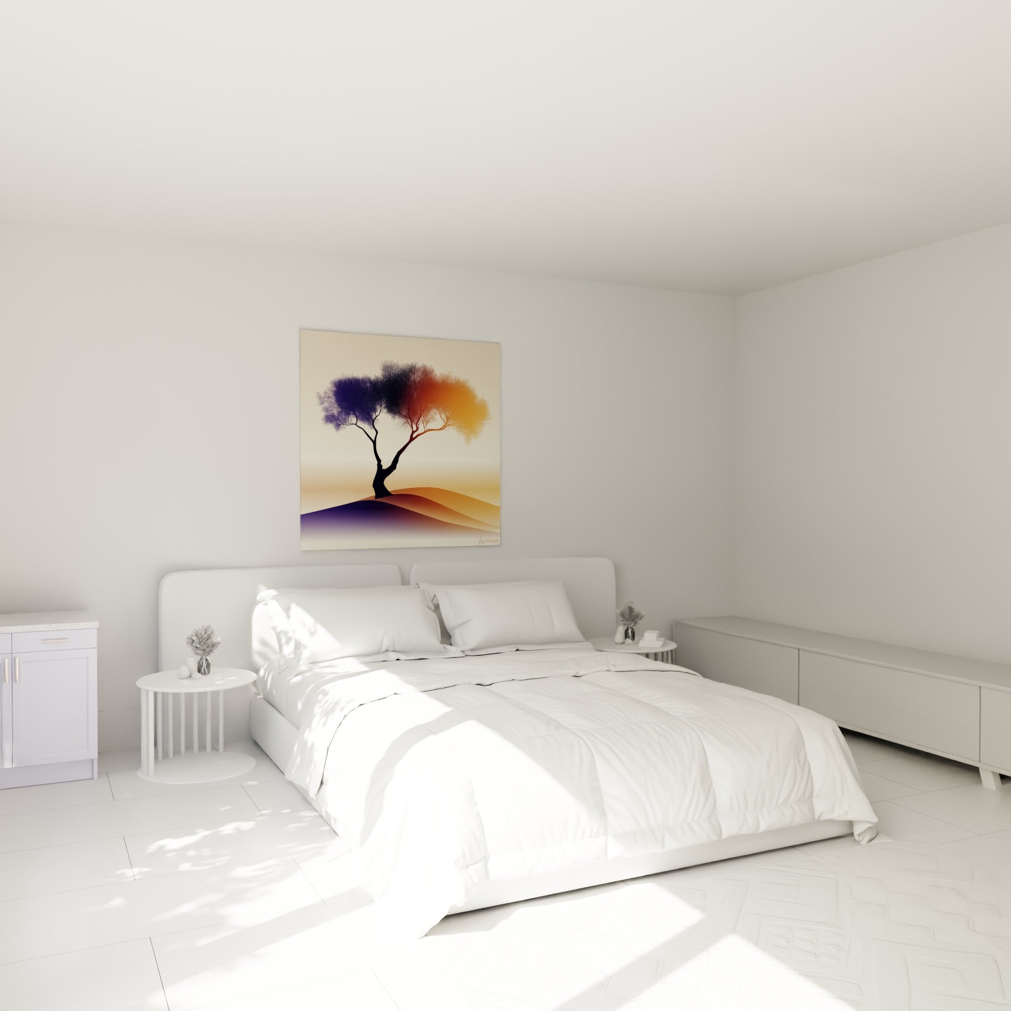 Silhouette noire d'un olivier entre violet profond et orange doré, au-dessus d'un lit dans une chambre claire