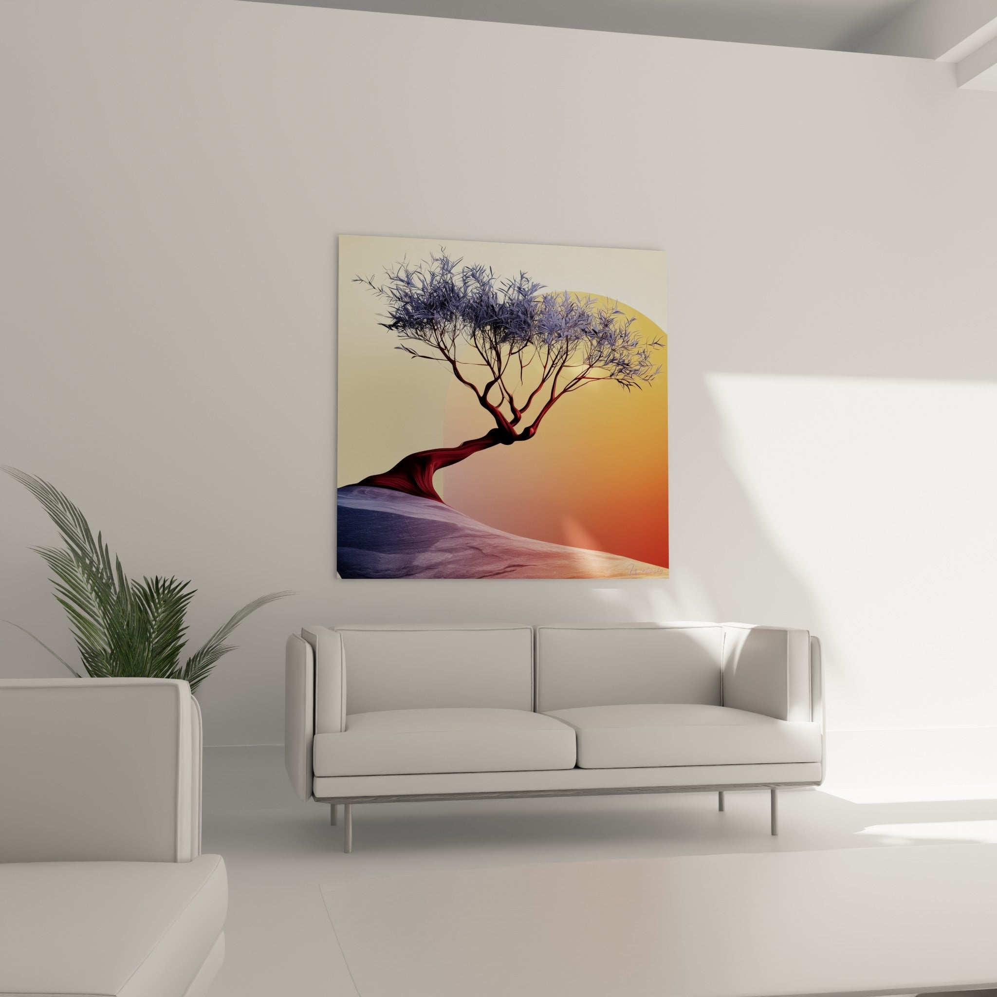 Arbre stylisé aux teintes orangées et bordeaux placé au-dessus d'un canapé dans un salon lumineux
