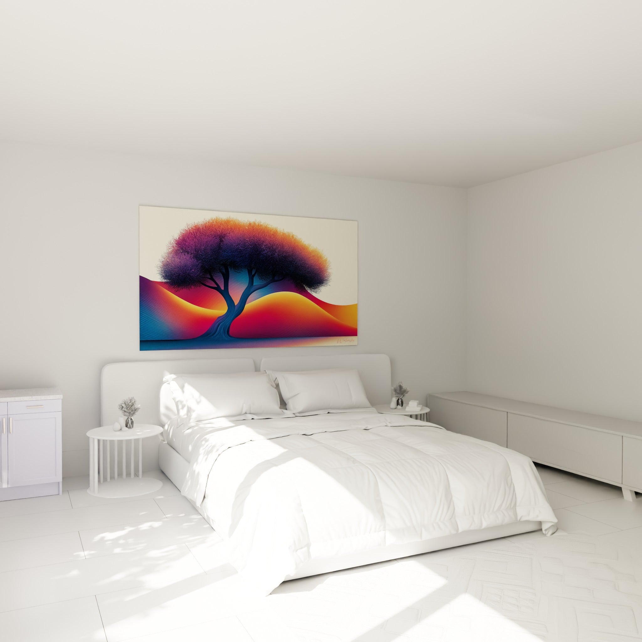 Silhouette d'olivier aux teintes orangées et violettes au-dessus d'un lit dans une chambre claire