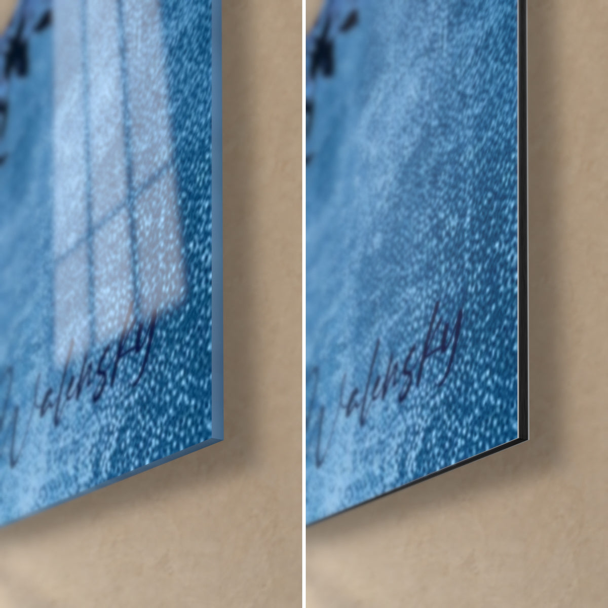 Wall art olive tree in gold and indigo, bottom right corner: glossy acrylic glass with reflections, matte aluminium Dibond, black 3 mm edge