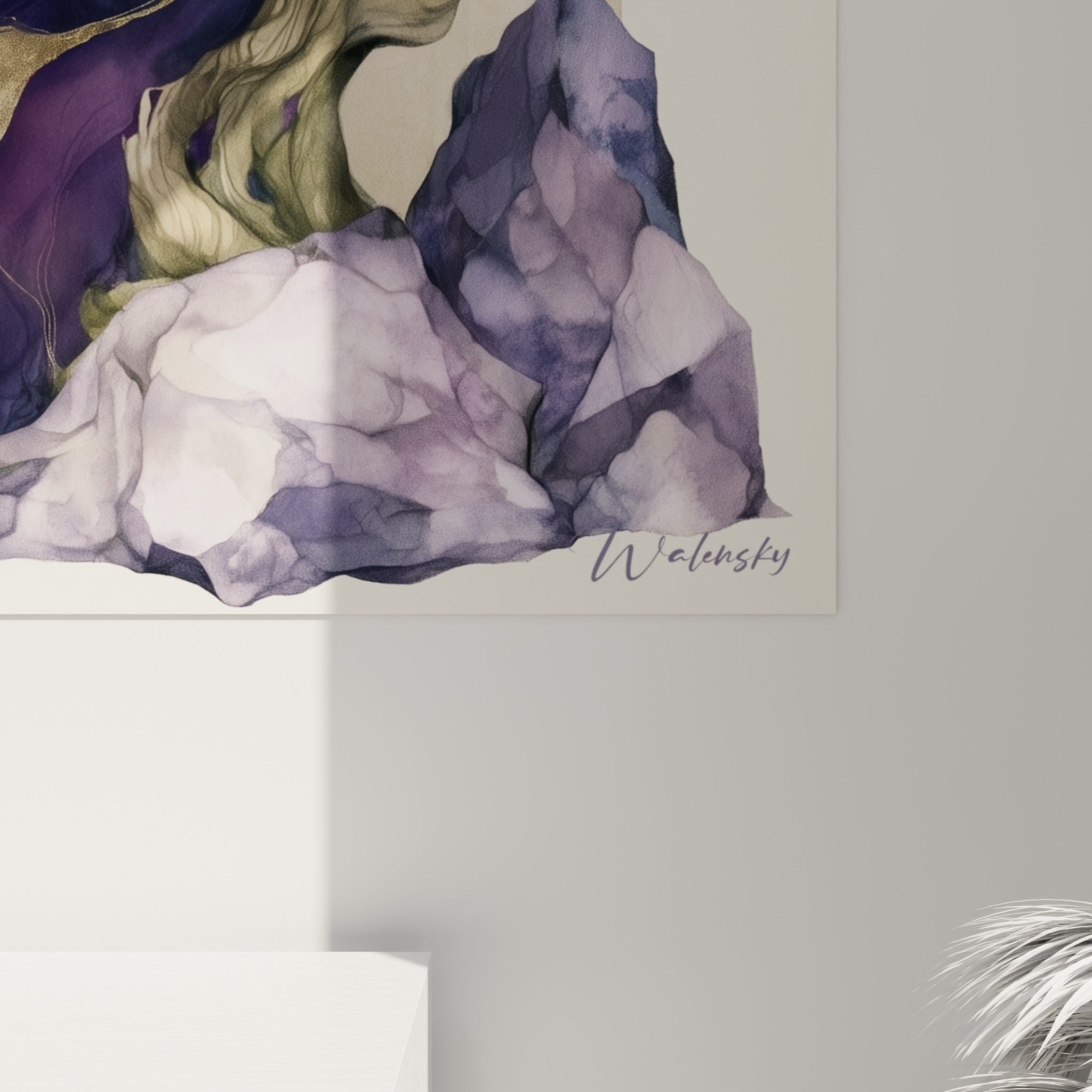 Détail du tronc d'olivier montrant les coulures violettes et dorées mêlées à la matière aquarelle