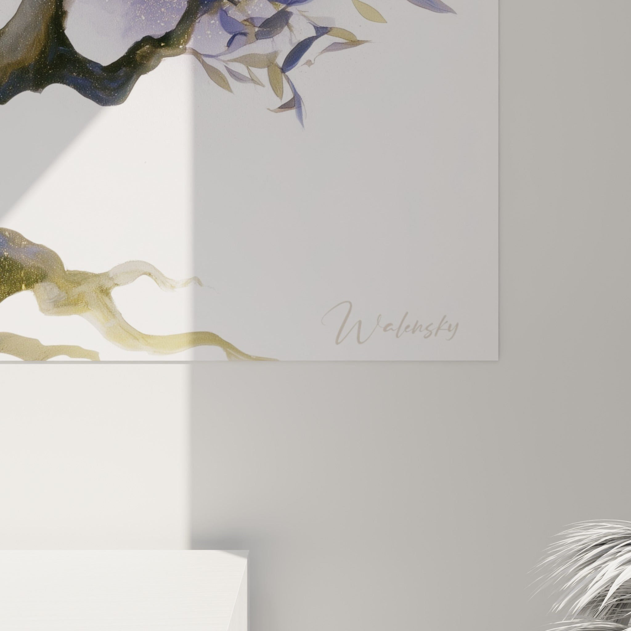 Détail de l'écorce dorée texturée et des feuilles bleu gris de l'olivier peint à l'aquarelle