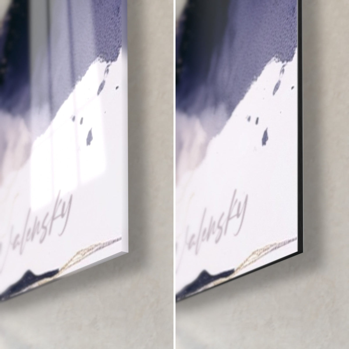 Gemälde Olivenbaum in Violett und Gold, untere rechte Ecke: glänzendes Acrylglas links, matter Dibond-Alu rechts, 3 mm Kante
