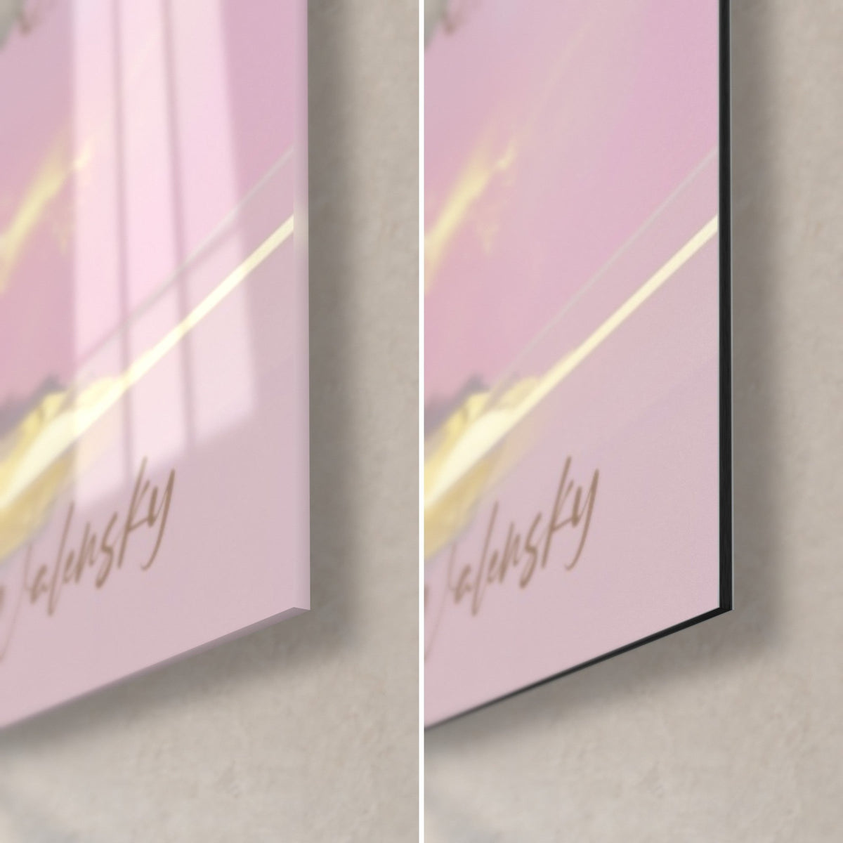 Quadro bonsai su roccia dorata e rosa, angolo in basso a destra: vetro acrilico lucido a sinistra, alluminio Dibond nero opaco a destra, bordo da 3 mm