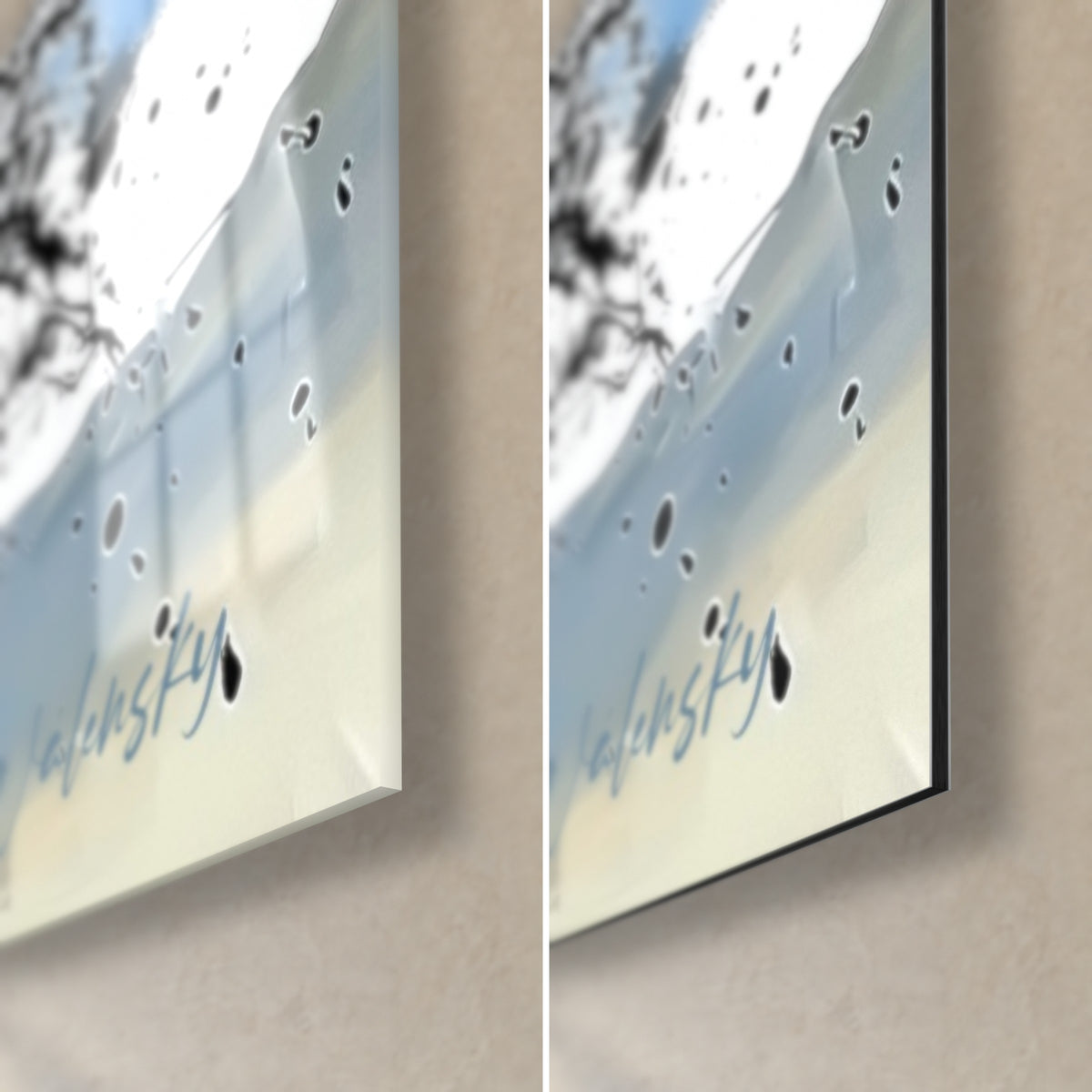 Schilderij silhouet van een zwarte olijfboom, rechteronderhoek van glanzend glas en mat Dibond, rand van 3 mm, blauwe handtekening zichtbaar