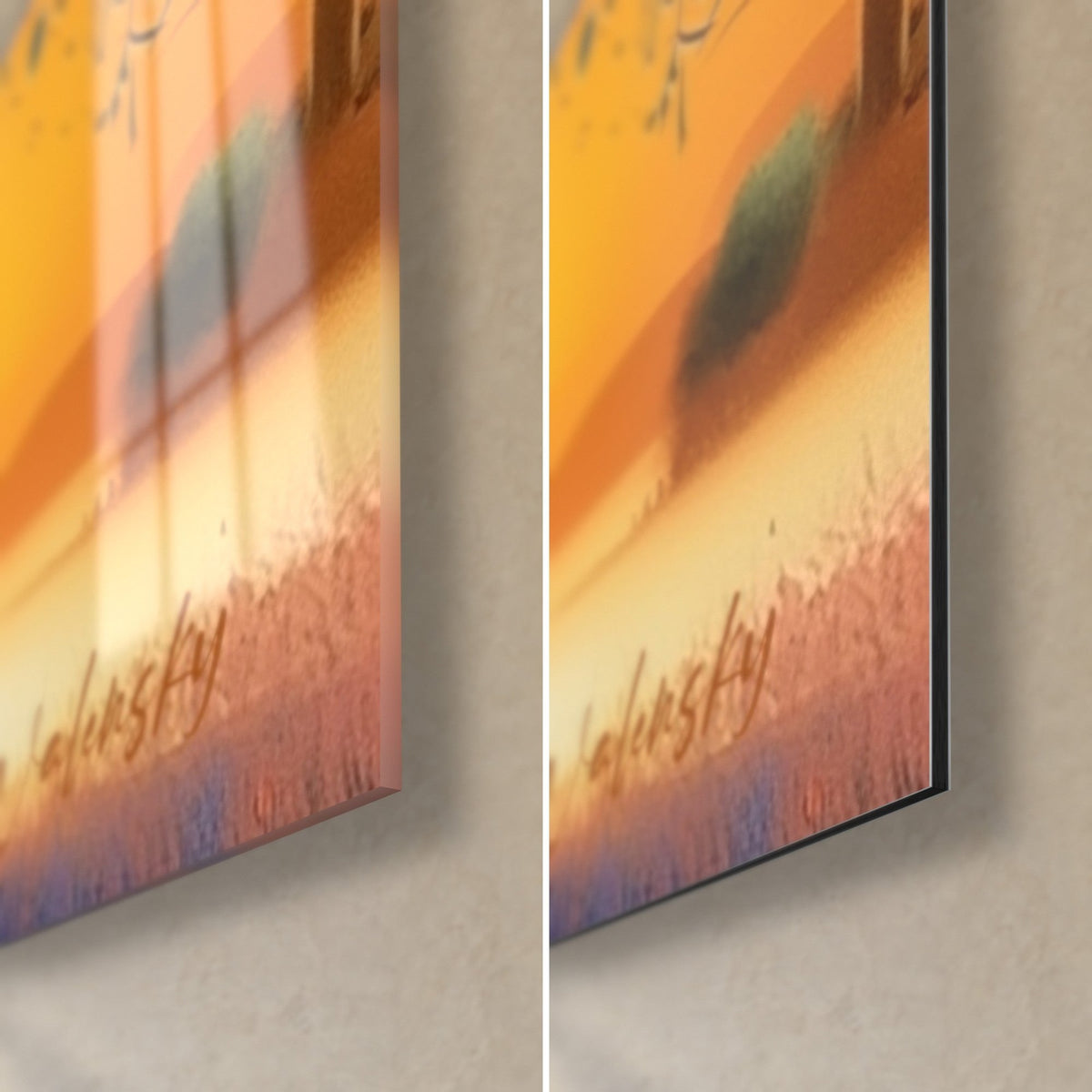 Gemälde Olivenbaum im Sonnenuntergang, untere rechte Ecke: glänzendes Acrylglas links, matt-Alu Dibond rechts, 3 mm Kante