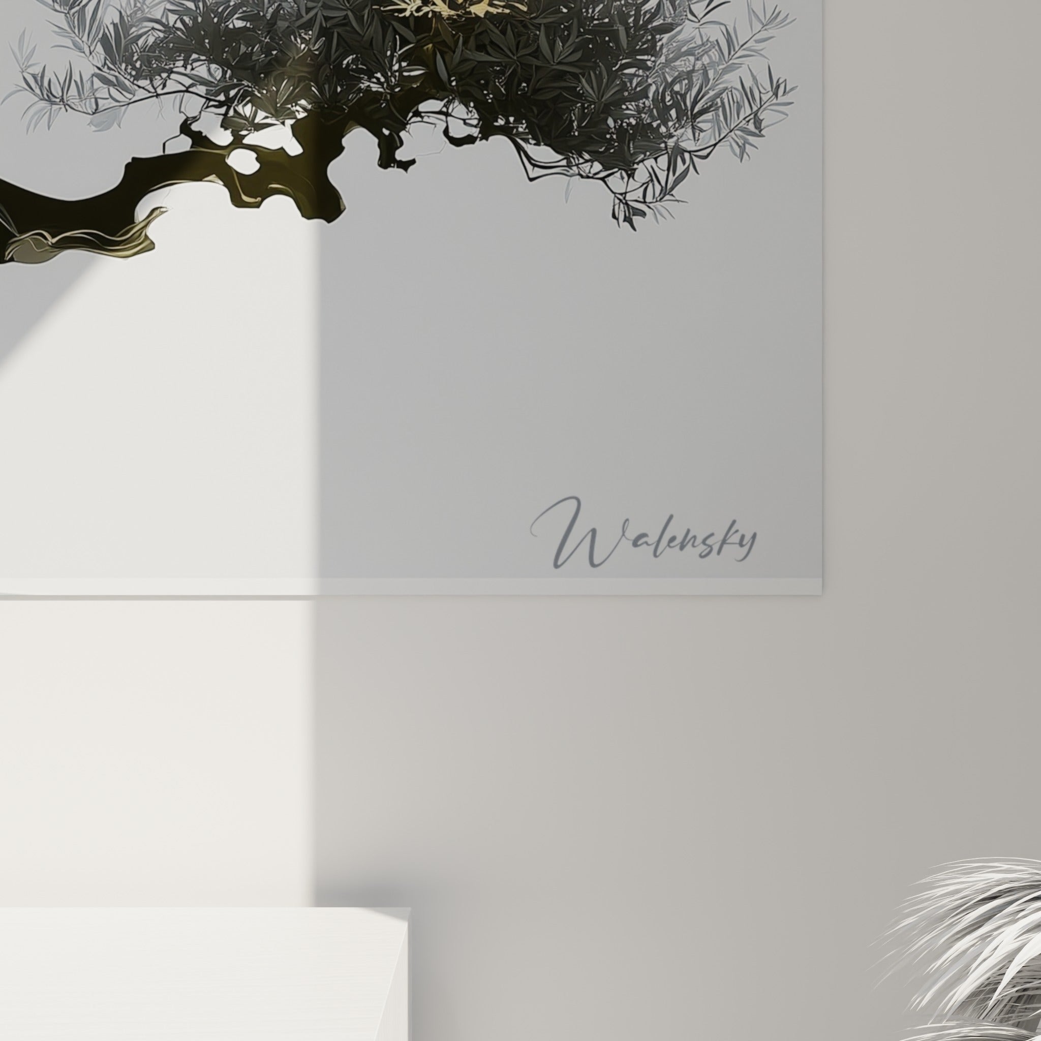 Détail du tronc marbré noir, blanc et doré de l'olivier, matière fluide et brillante à fleur de toile
