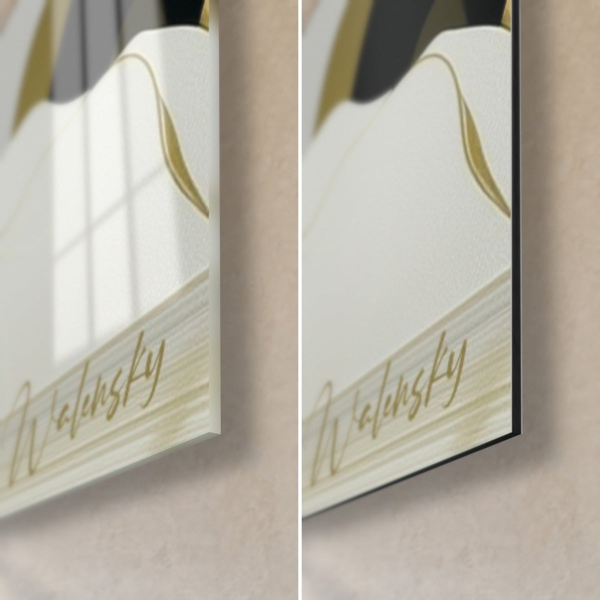Wall art black and gold olive tree, bottom right corner: glossy acrylic glass on the left, matte Dibond aluminium on the right, 3 mm edge