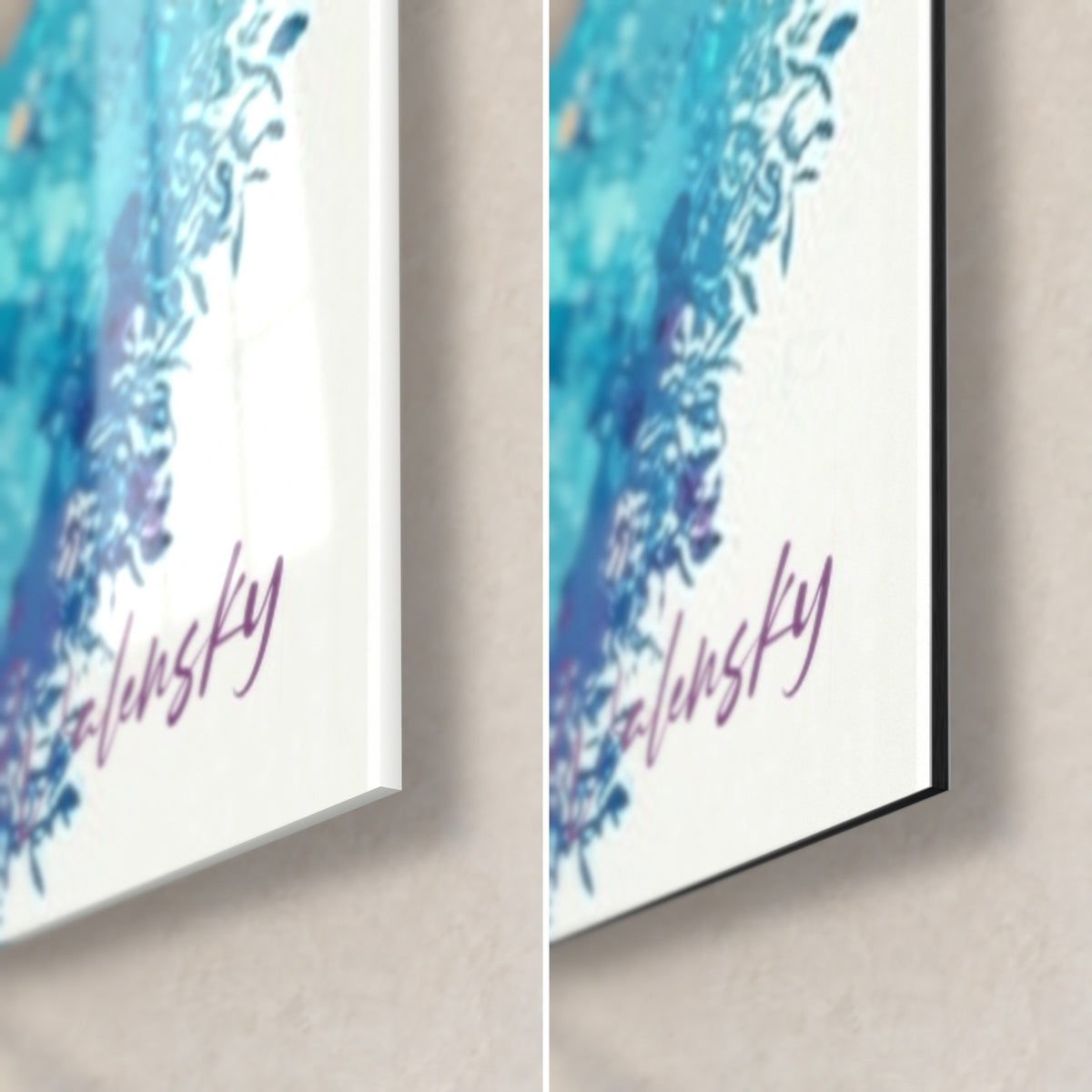 Wall art watercolour olive tree, bottom right corner: turquoise foliage and purple signature, glossy glass facing matte black Dibond
