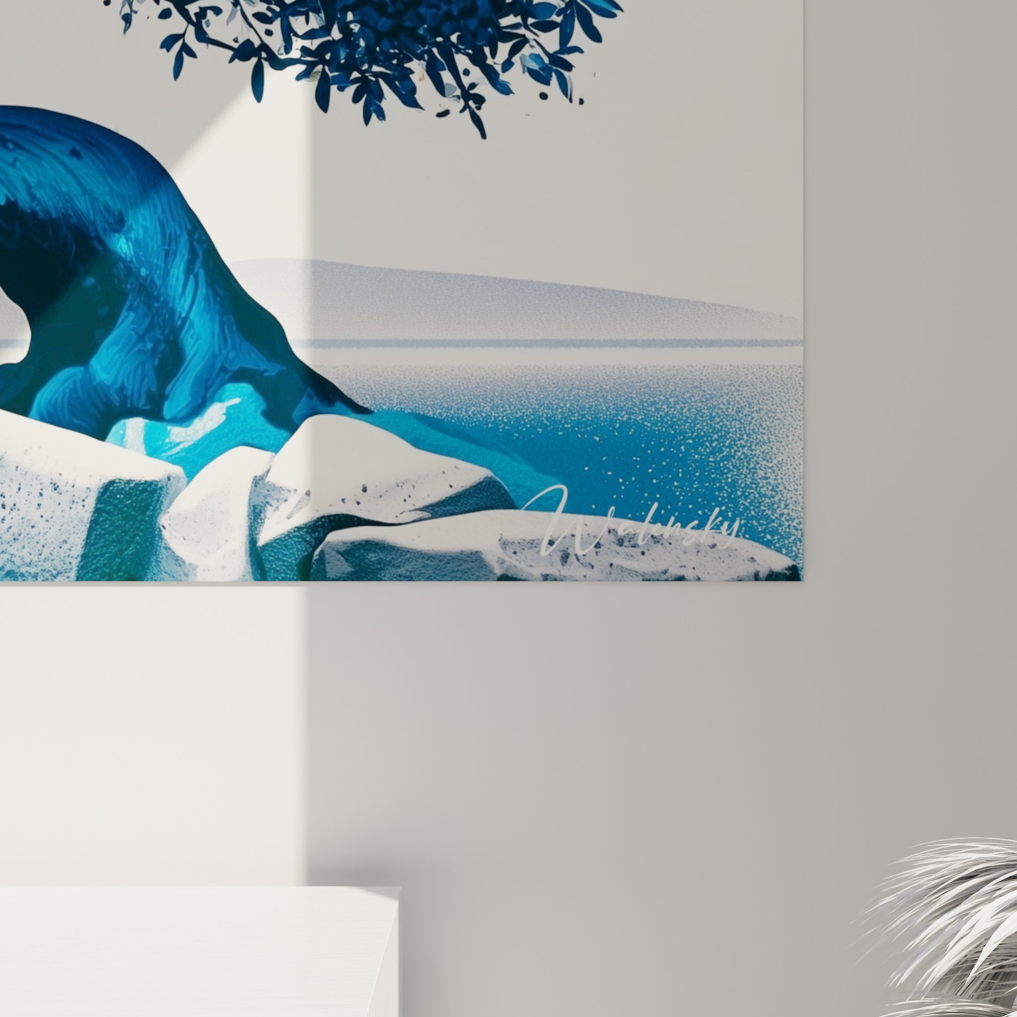 Détail du feuillage doré et bleu marine de l'olivier, grain pictural et points de lumière dispersés visibles de près