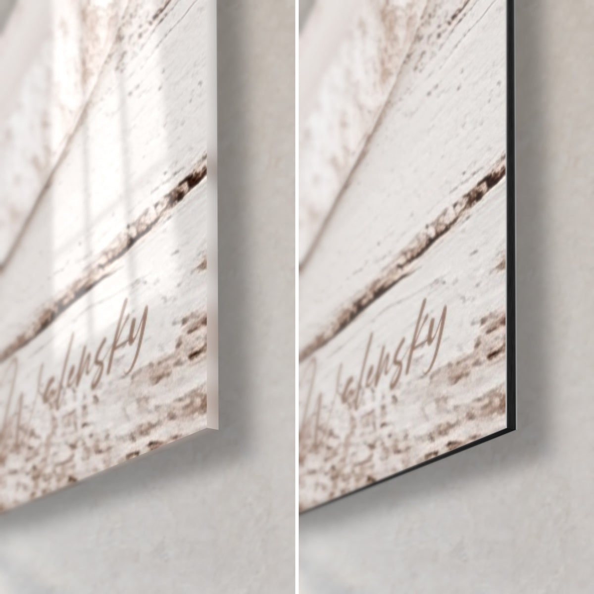 Tableau bonsaï brun et beige, coin bas droit : verre acrylique brillant à gauche, Dibond mat à droite, tranche de 3 mm