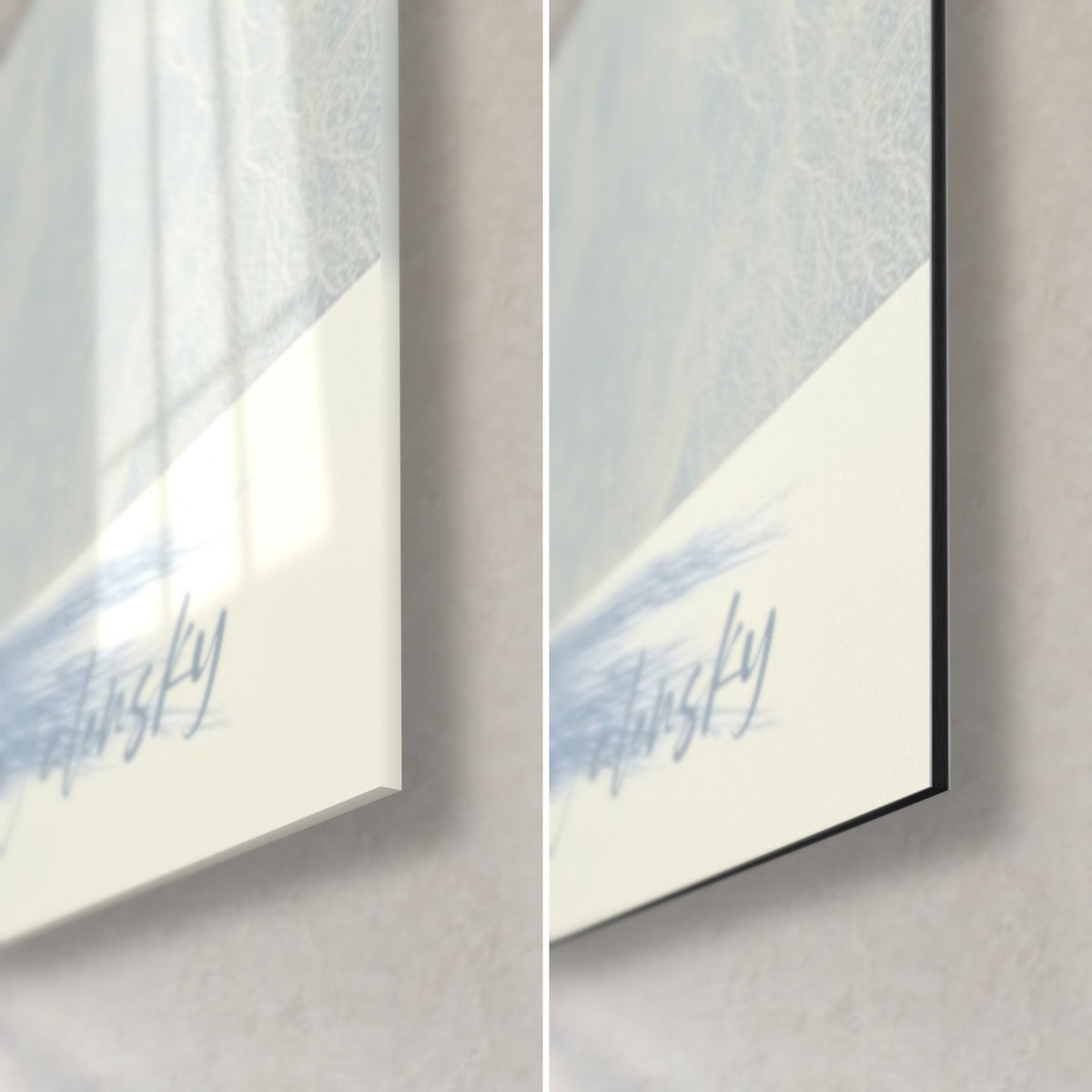 Wall art of an olive tree in frosted blue, bottom right corner: glossy acrylic glass on the left, matte Dibond aluminium on the right, 3 mm edge