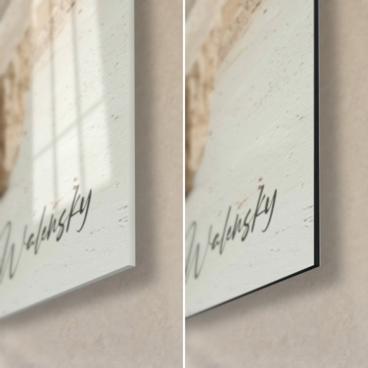 Wall art twisting olive tree, bottom right corner: glossy acrylic glass with reflections on the left, matte off-white Dibond aluminum on the right, 3 mm black edge