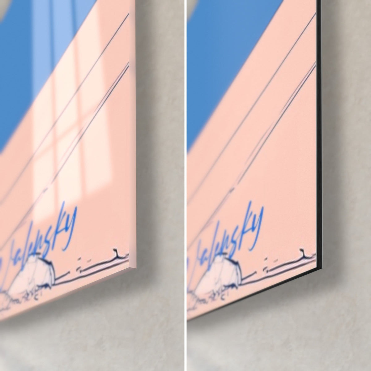 Cuadro olivo sinuoso, primer plano de la esquina inferior derecha: firma azul sobre suelo salmón, cristal brillante y Dibond negro mate