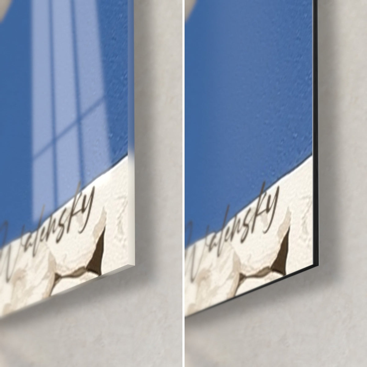 Cuadro de olivo con tronco rojo, esquina inferior derecha: cristal acrílico brillante con reflejos, aluminio Dibond mate, canto de 3 mm
