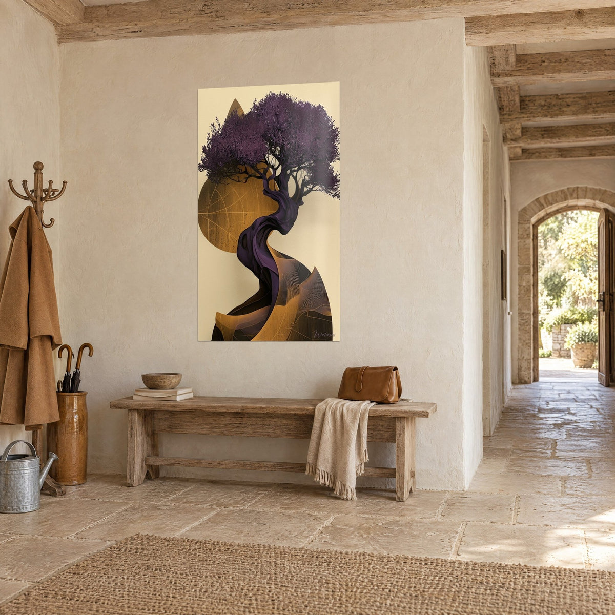 Wall art of a gnarled tree crowned with plum leaves on a cream background with a golden sun, stone entrance and wooden bench
