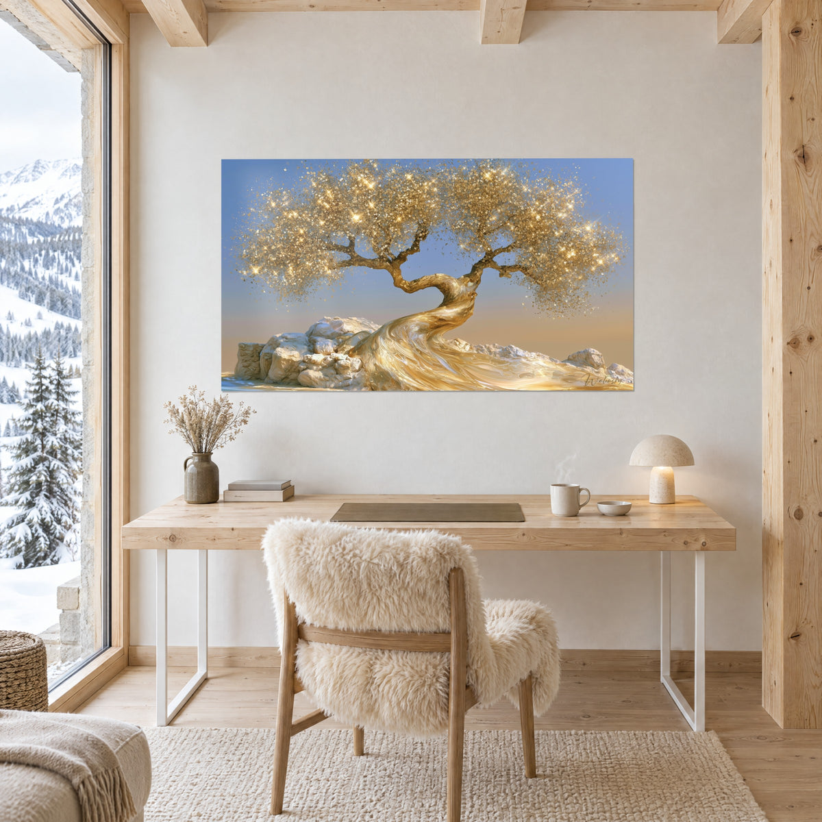 Schilderij kronkelende takken die goud over blauwe lucht en ivoorkleurige rotspartijen laten stromen, witte muur boven een bureau van licht eikenhout