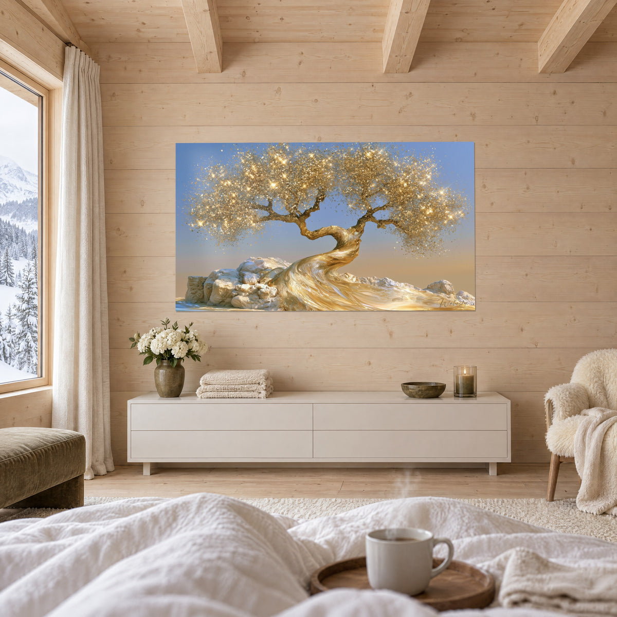 Schilderij gebladerte dat fonkelt met gouden pailletten tegen blauwe lucht en witte rotsen, boven een bed in een lichte slaapkamer