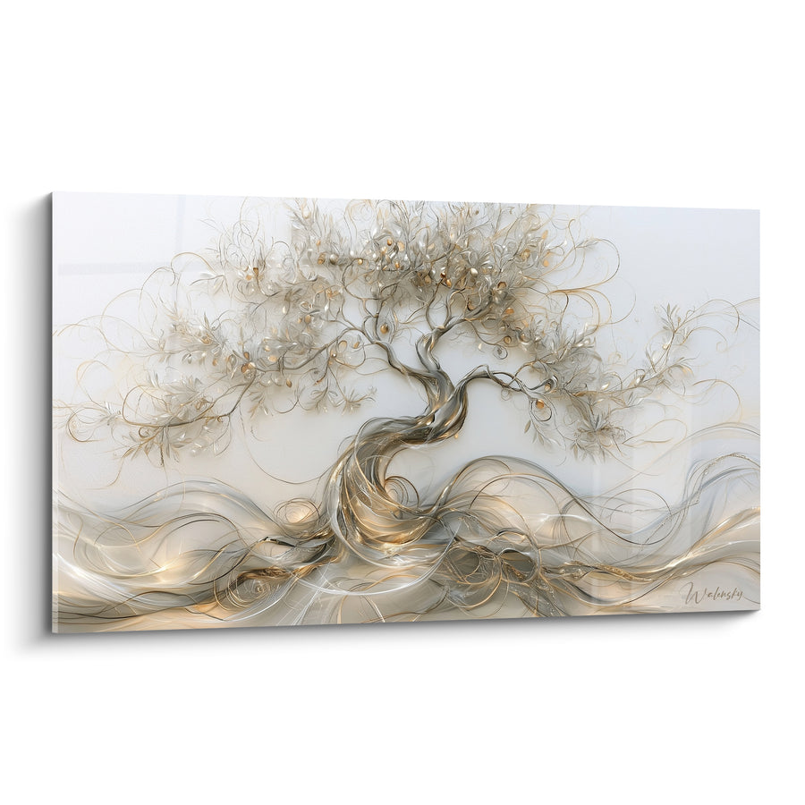 Tableau Olivier filigrane argenté et doré aux volutes entrelacées - Ondulations métalliques scintillantes - Edition Olivier