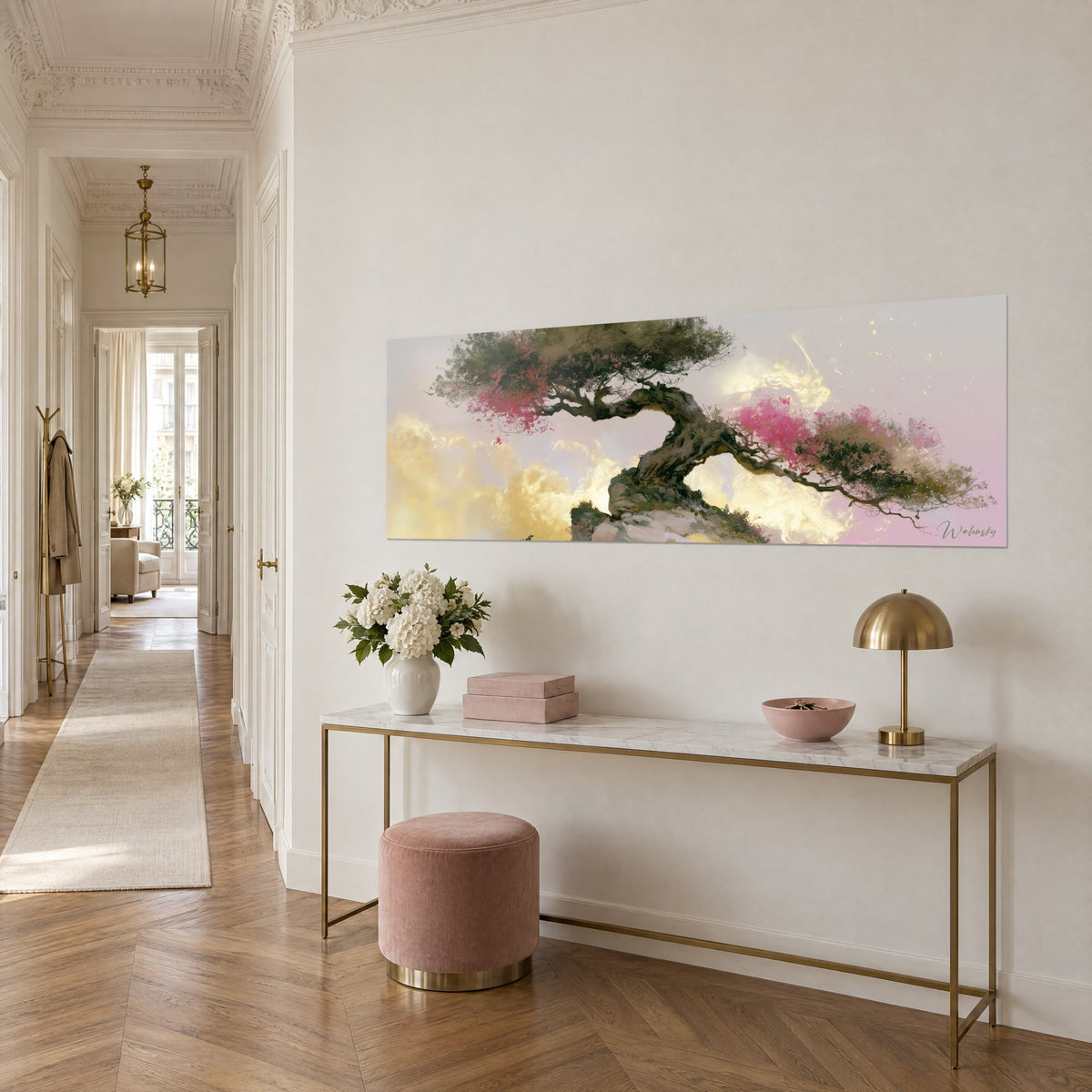 Wall art of a gnarled tree leaning over its rock, olive green and magenta crowns, lilac sky, three-quarter view in a hallway