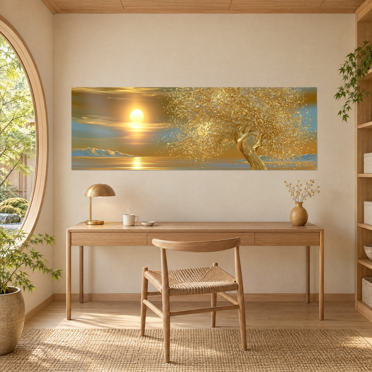 Gemälde ziselierte goldene Krone vor strahlender Sonnenscheibe, blassblauer und ockerfarbener Himmel, über einem Schreibtisch aus hellem Holz