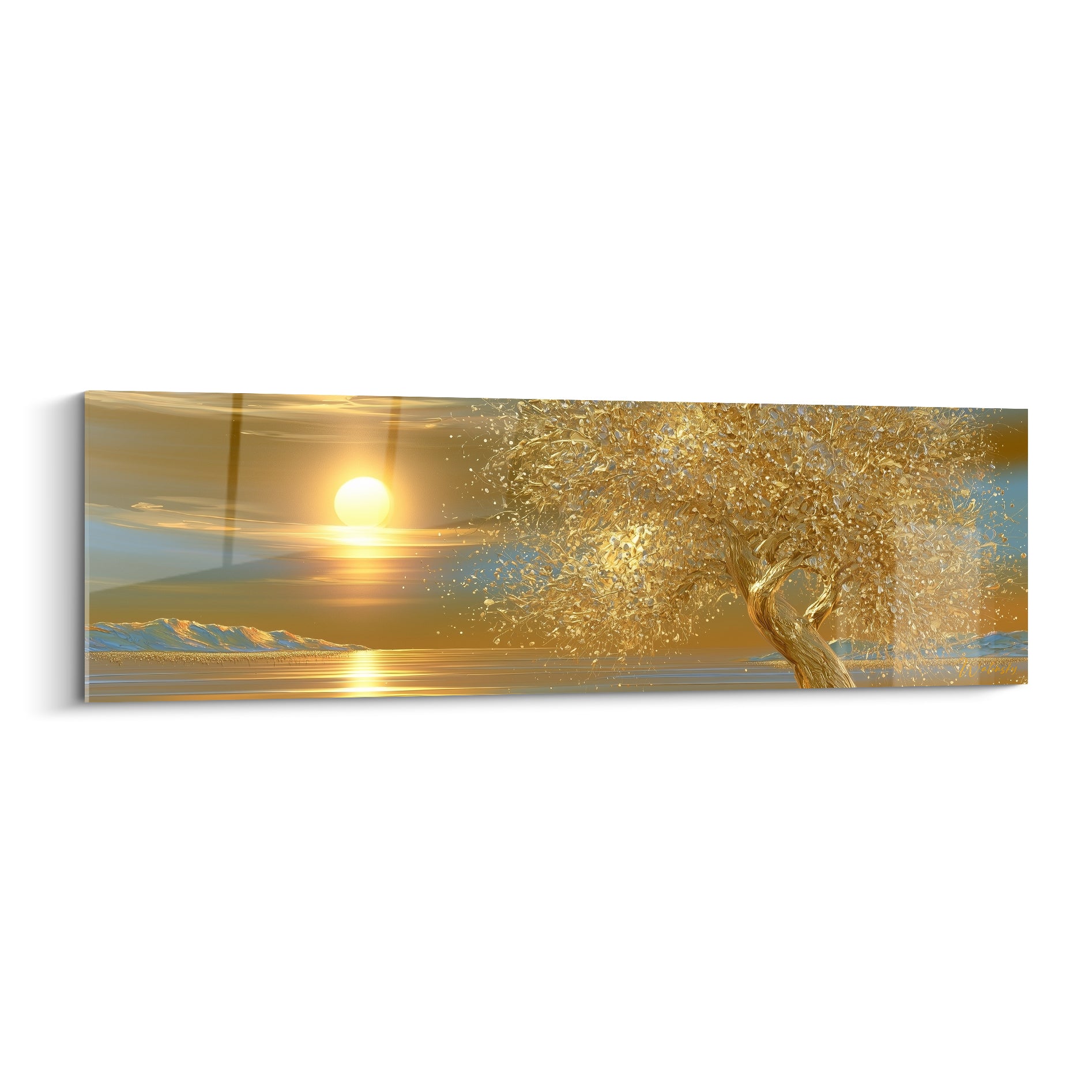 Olivier doré au tronc sculpté se dressant devant un soleil couchant sur fond bleu pastel et ocre