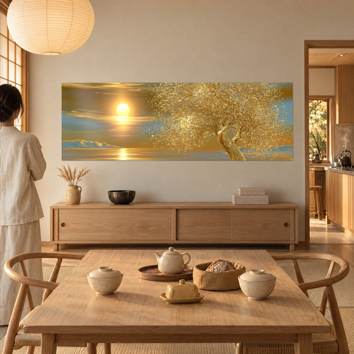 Gemälde Geäst aus strahlend goldenen Blättern und funkelnder See unter gelber Sonne, betrachtet von einer Frau von hinten neben einem Holztisch