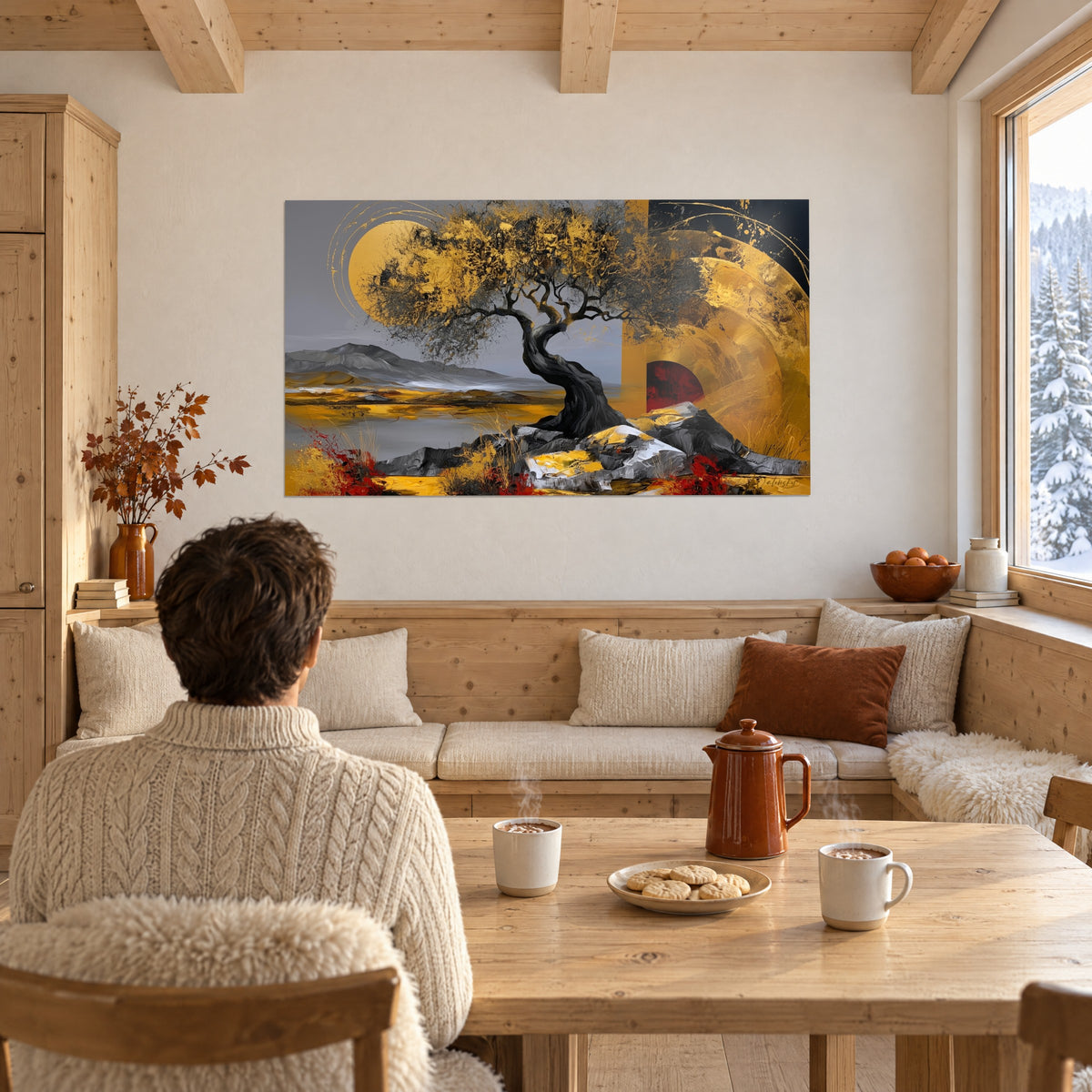 Cuadro silueta de árbol oscuro bajo destellos dorados, toques rojos en la base, frente a una mesa de madera de chalet
