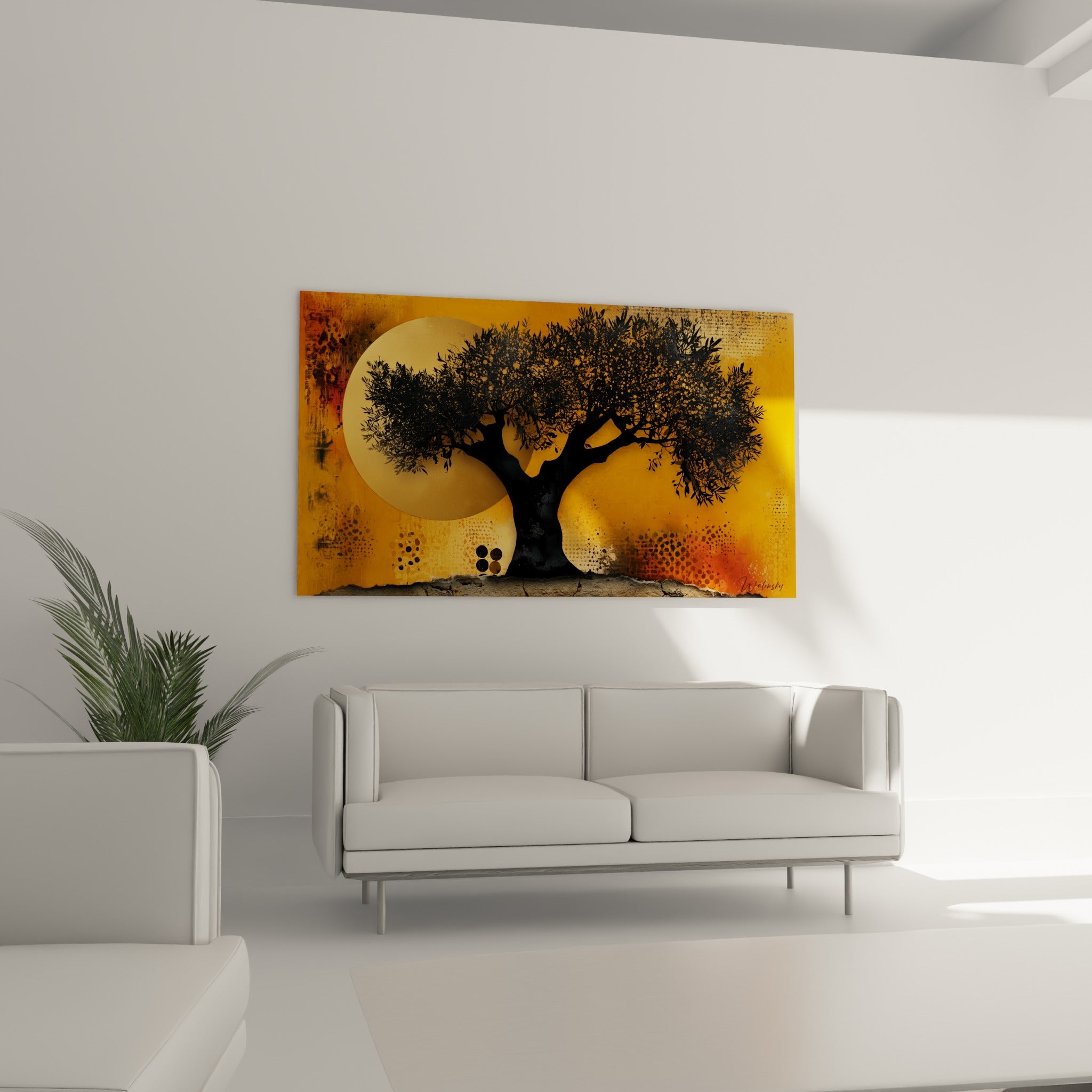 Arbre noueux noir et ocre doré représenté au-dessus d'un canapé dans un salon lumineux