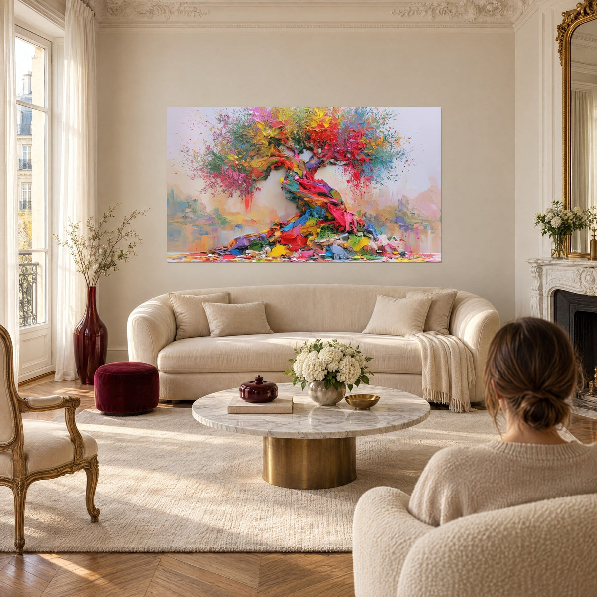 Gemälde Olivenbaum mit mehrfarbigem Laub, gedrehter rosa Stamm auf cremefarbenem Hintergrund, über einem Sofa in einem hellen Wohnzimmer