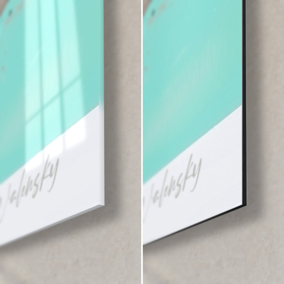 Wall art olive tree painting, bottom right corner: glossy turquoise acrylic glass on the left, matte white Dibond on the right, 3 mm black edge